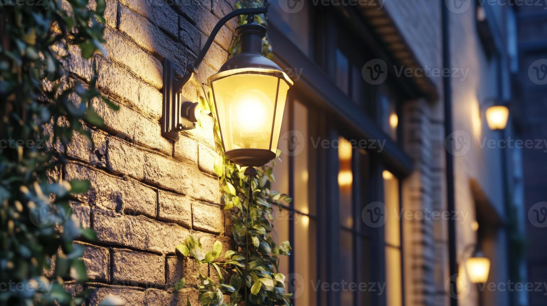 Warm lantern light illuminating an old brick wall in the evening, creating a cozy atmosphere in a quaint alley photo