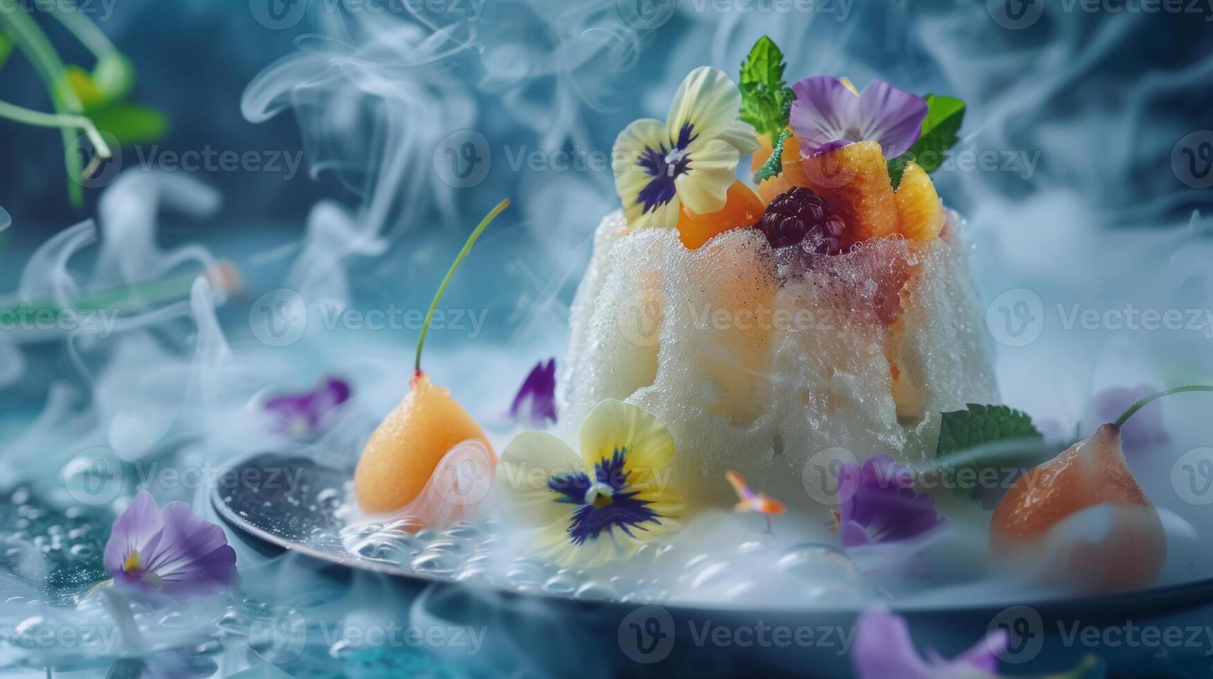 Delightful dessert adorned with flowers and fruits served on a dark plate with misty effects photo