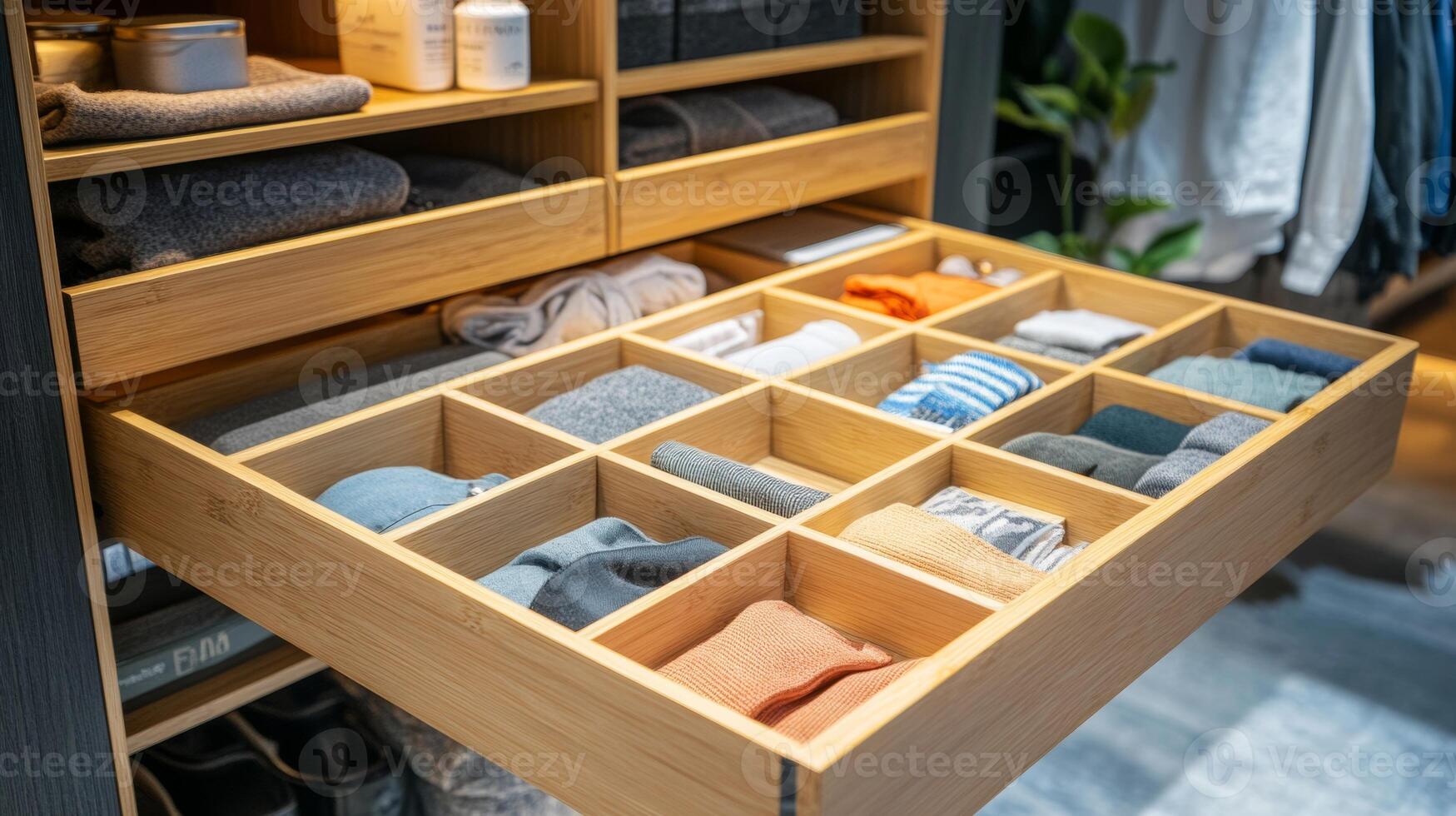 Neatly organized drawer displaying folded clothes and accessories in a modern closet setup photo