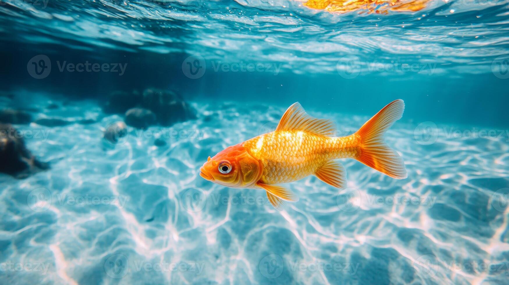 Colorful goldfish swims gracefully in clear turquoise water on a sunny day in a tranquil aquarium setting photo