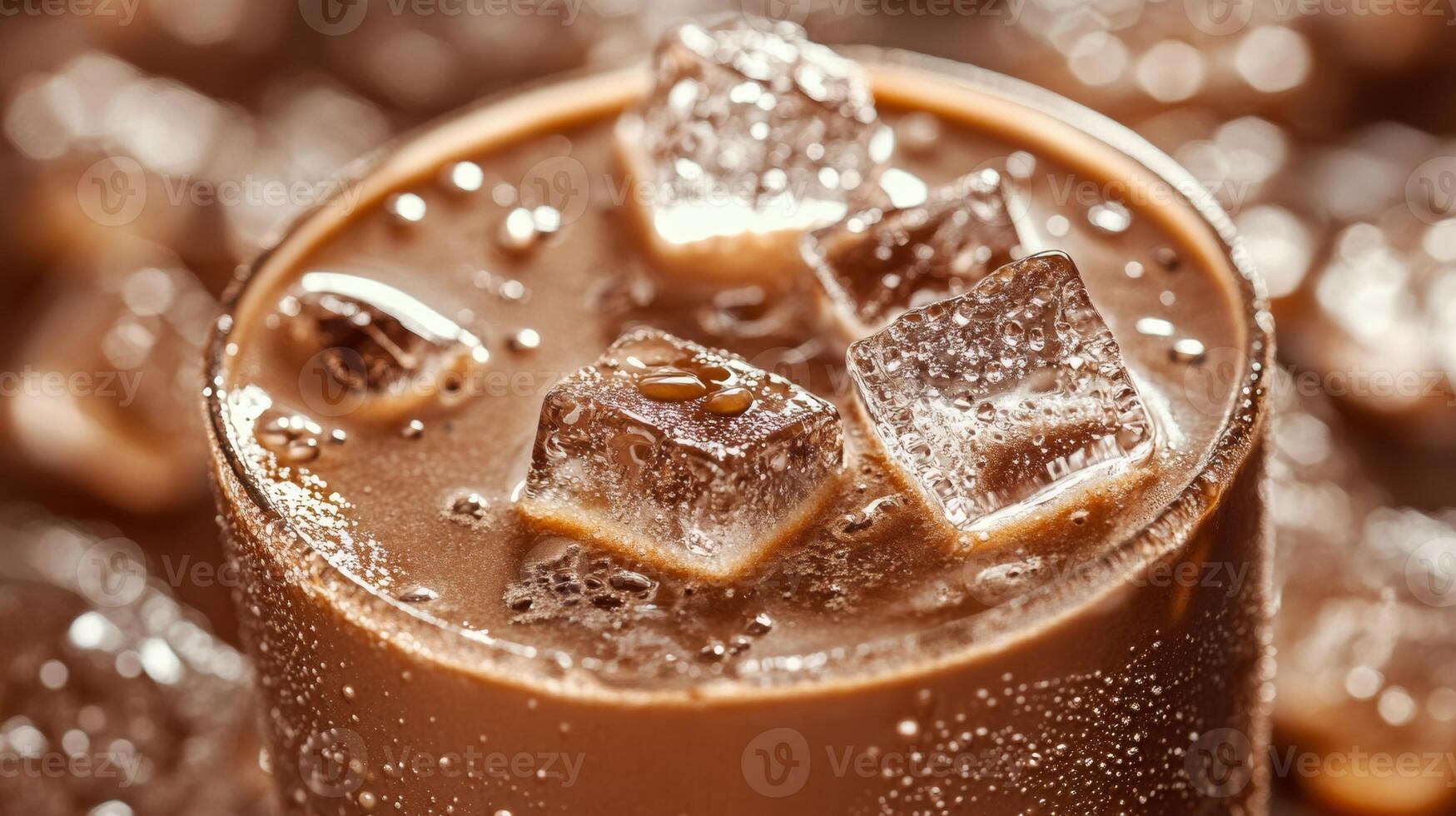 Refreshing iced chocolate drink with ice cubes and bubbles in a glass surrounded by chocolate pieces, indulgent dessert beverage concept photo