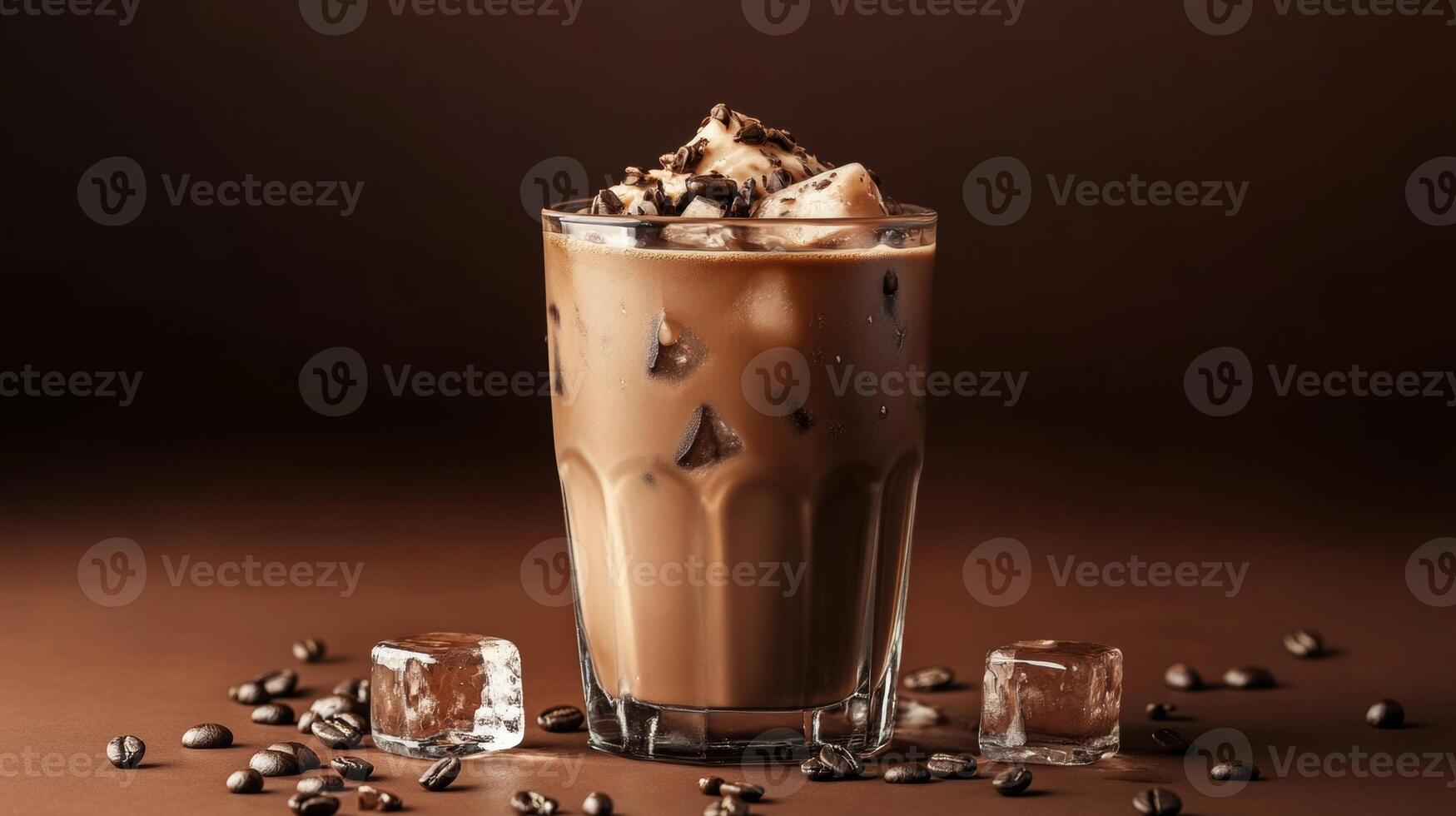 Iced coffee drink with chocolate flavor and ice cubes served in a glass on a brown background, perfect for warm days and coffee lovers, beverage concept photo