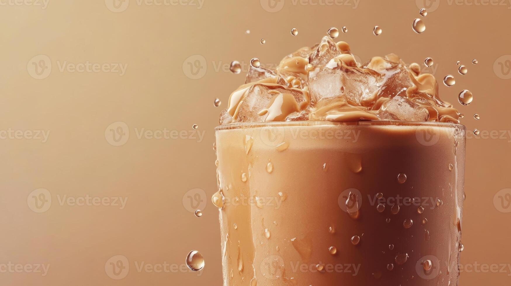 Iced coffee drink with splashes and ice cubes in a glass on a warm background refreshing beverage concept photo