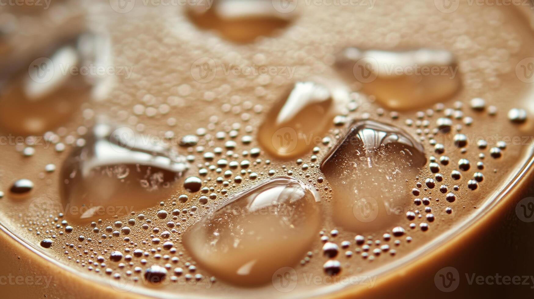 Refreshing iced coffee drink with ice cubes and bubbles on surface, perfect for hot days, energizing beverage concept photo