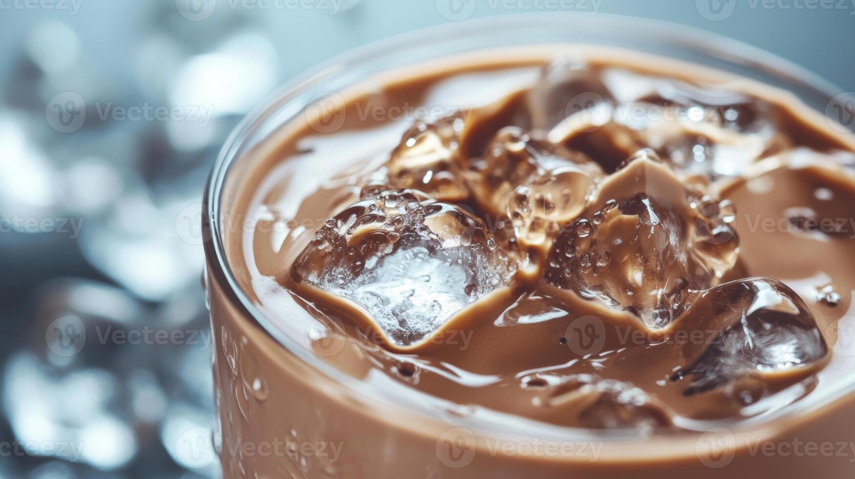 Iced chocolate drink with ice cubes in a glass, refreshing beverage for warm days, perfect for summer enjoyment, indulgent treat, delicious dessert drink concept photo