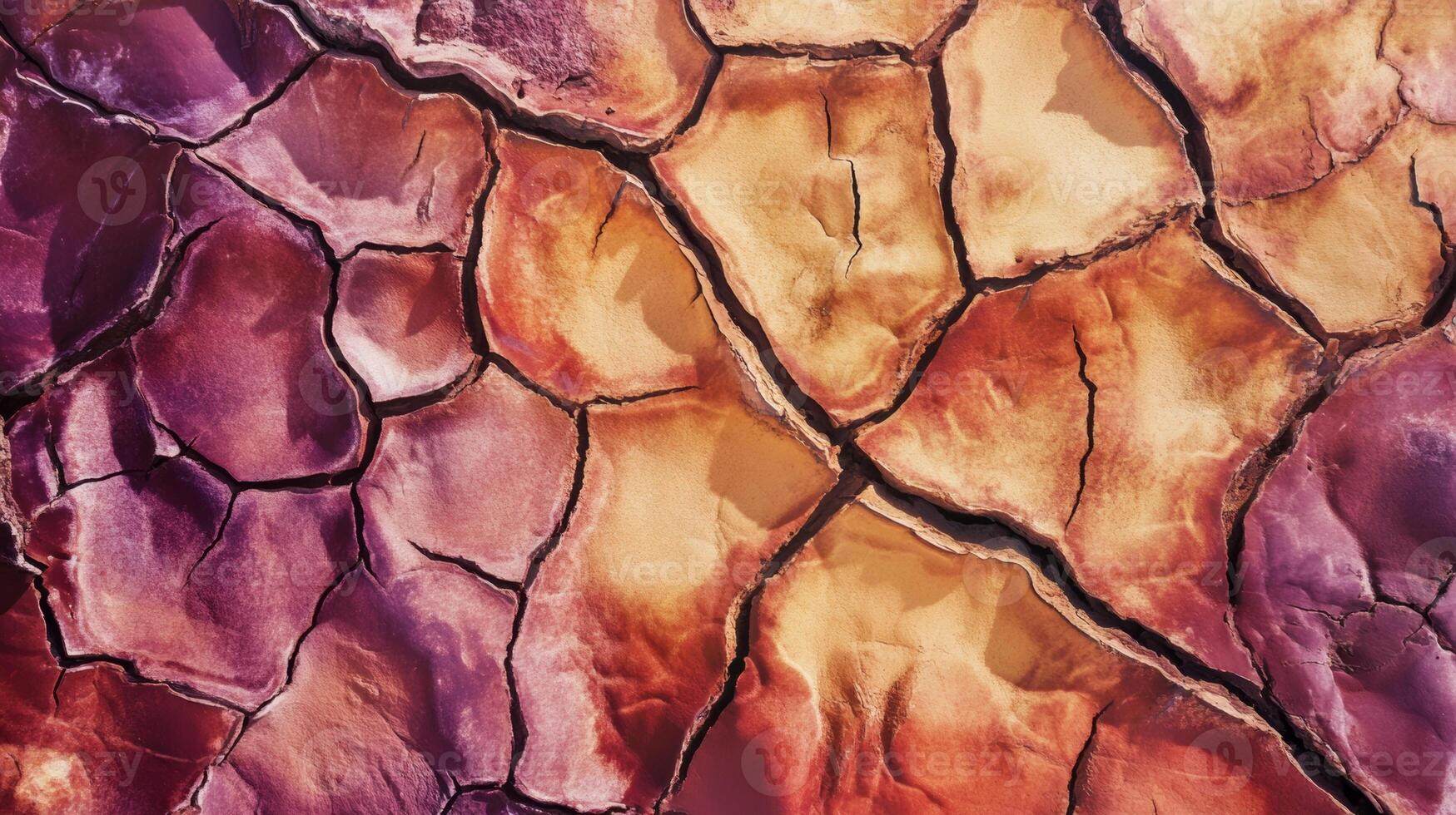 Unique patterns of cracked earth showcase the impact of drought in a desert landscape during golden hour photo