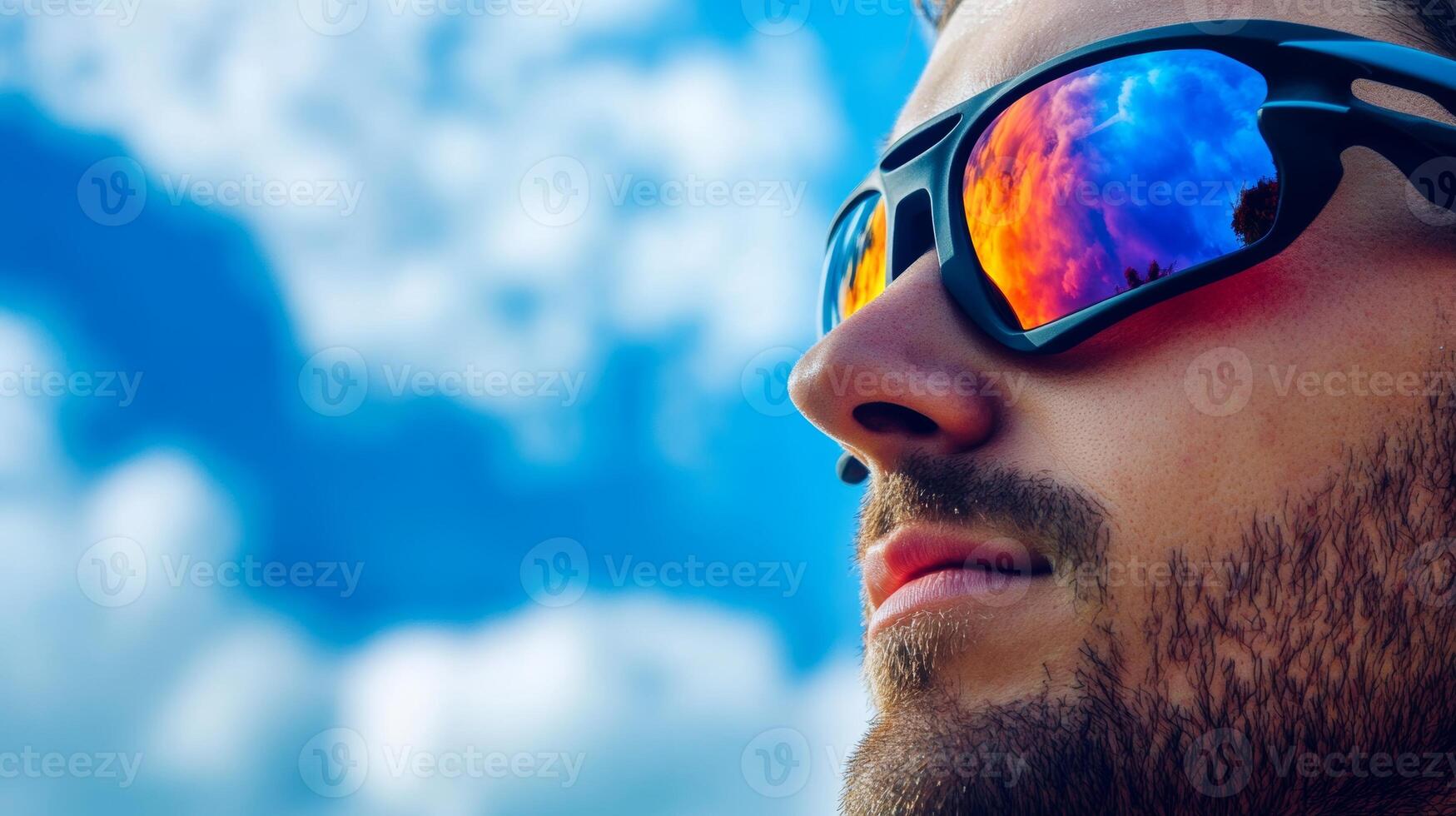 Bright reflections on the sunglasses of a young man enjoying a sunny day with vibrant clouds above photo