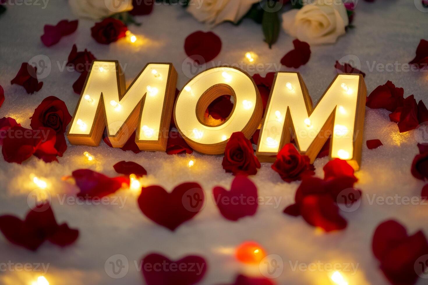 Celebrating love with illuminated letters and rose petals to honor mothers during a special occasion photo