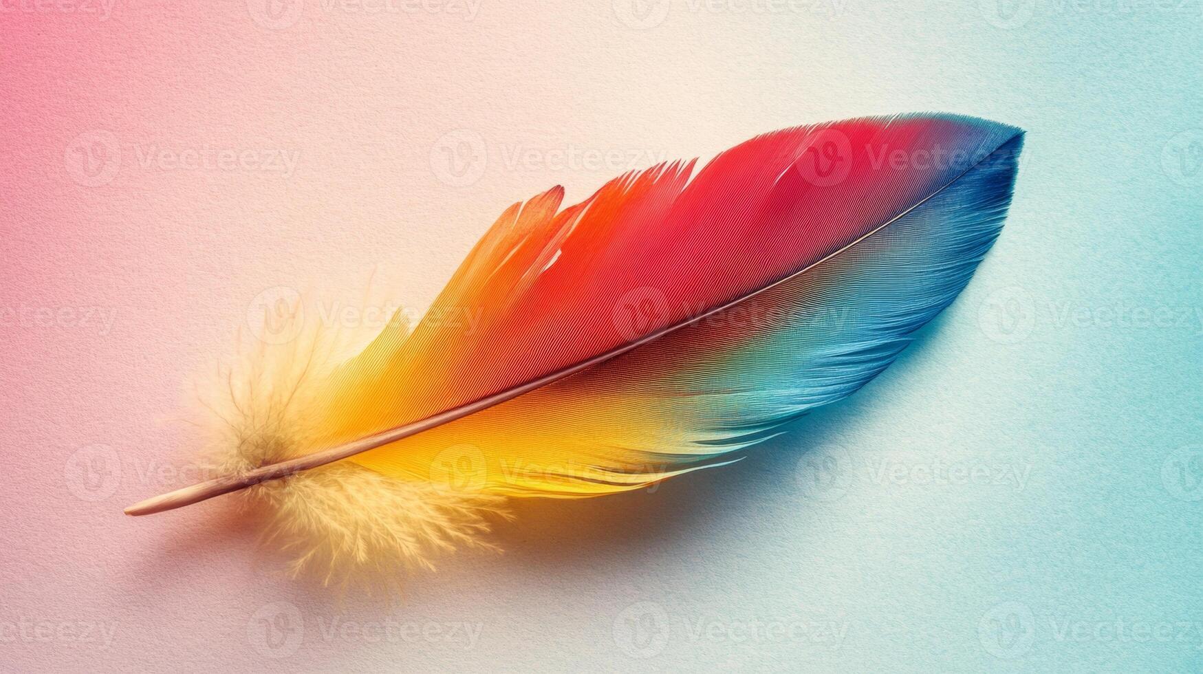 Brightly colored feather rests on a pastel background showcasing vibrant hues and delicate details photo