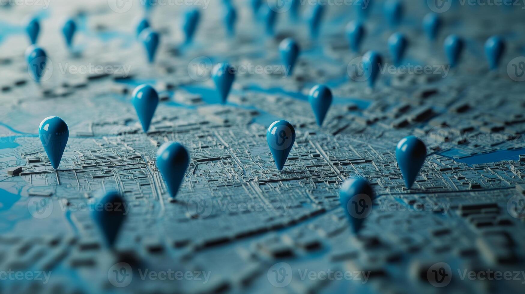 Multiple blue location pins scattered on a detailed city map in an urban setting during daylight hours photo