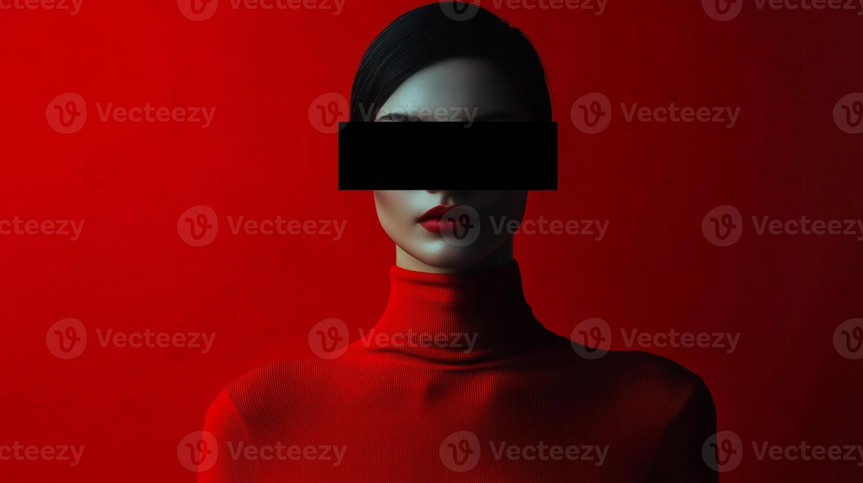 Mysterious figure in a red turtleneck against a vibrant red background creates striking visual impact photo