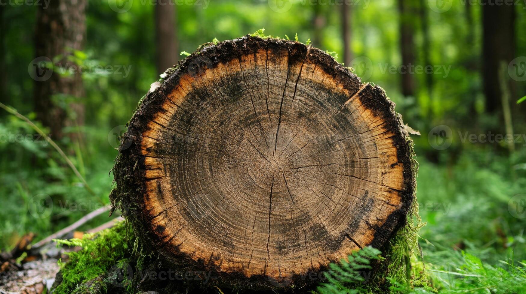 Detailed view of a freshly cut tree stump in a vibrant green forest during daylight hours photo
