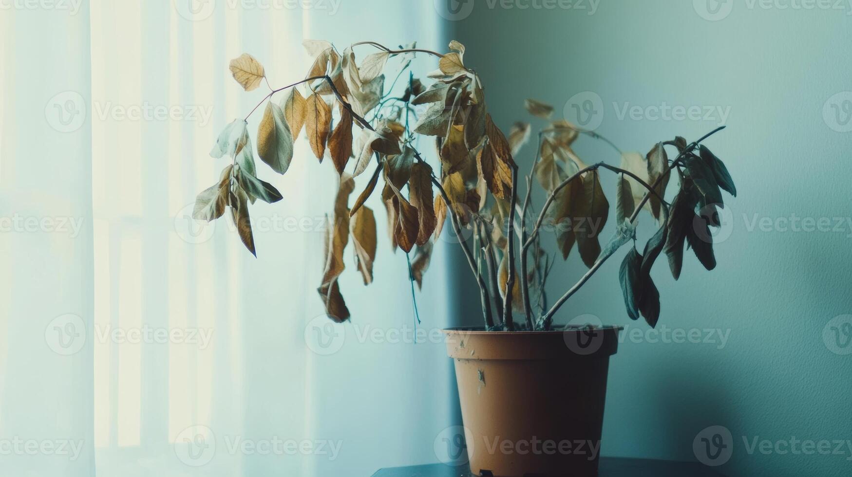 Dried plant in a pot sitting on a table near a window with sunlight filtering through sheer curtains photo