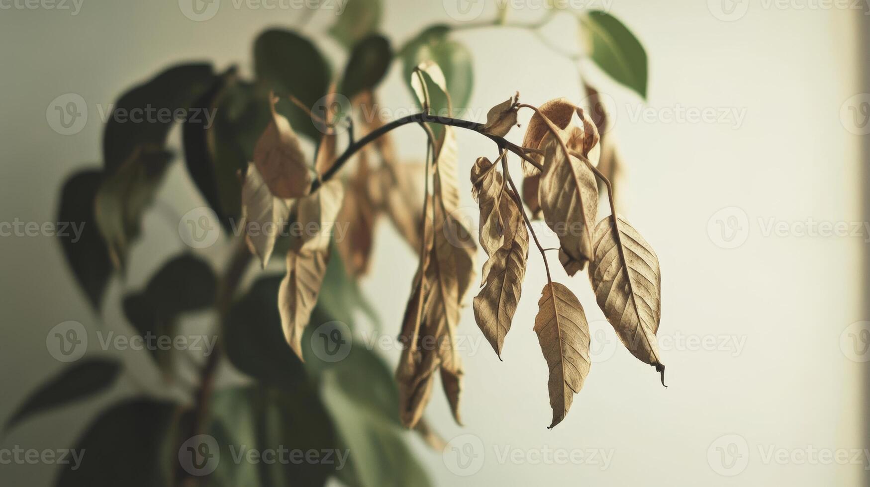 Dry leaves on a houseplant in dim light create a somber atmosphere in a cozy room setting during autumn photo