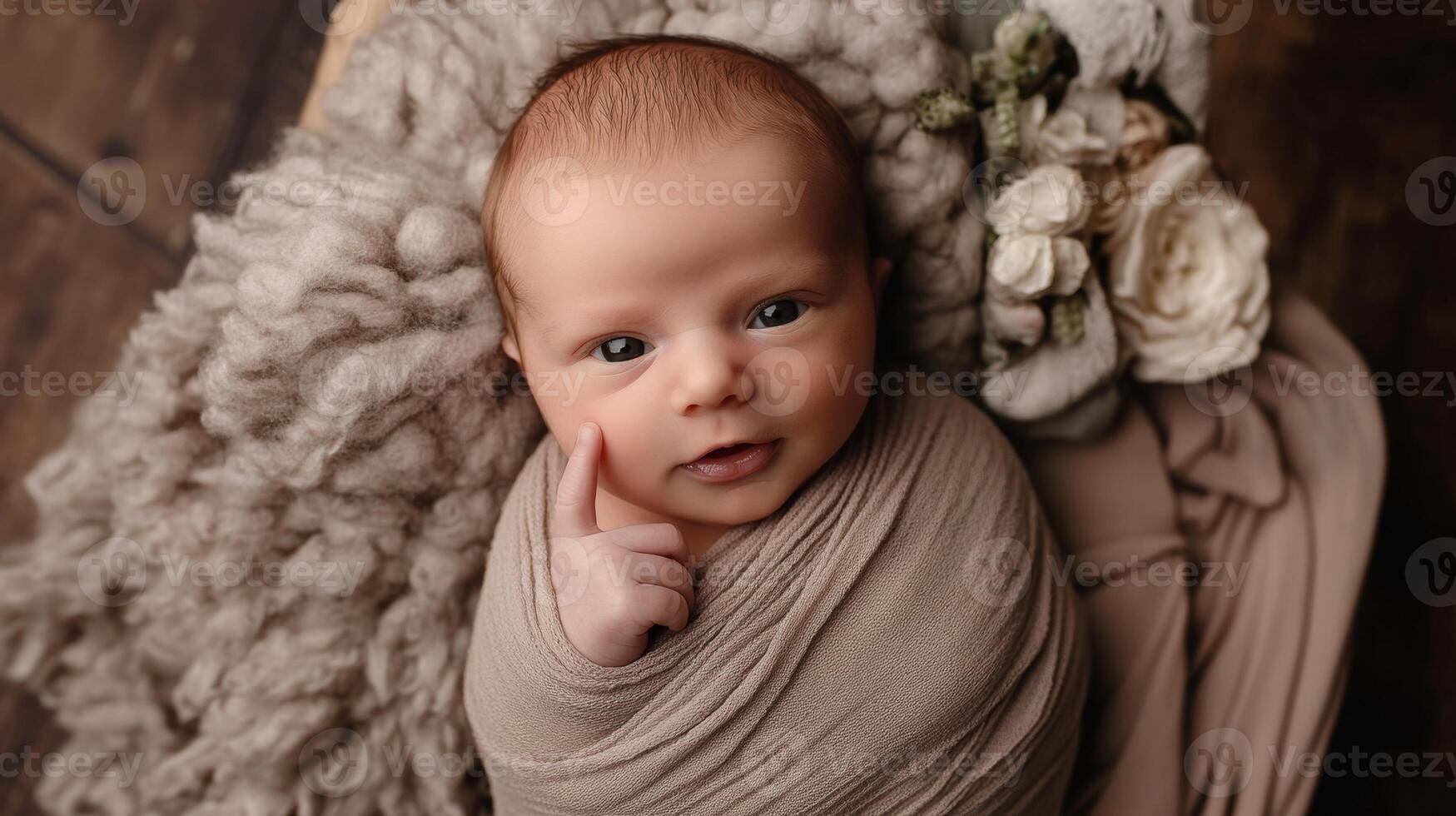 Newborn baby nestled in soft blanket with gentle expression and finger pointing in a cozy indoor setting photo