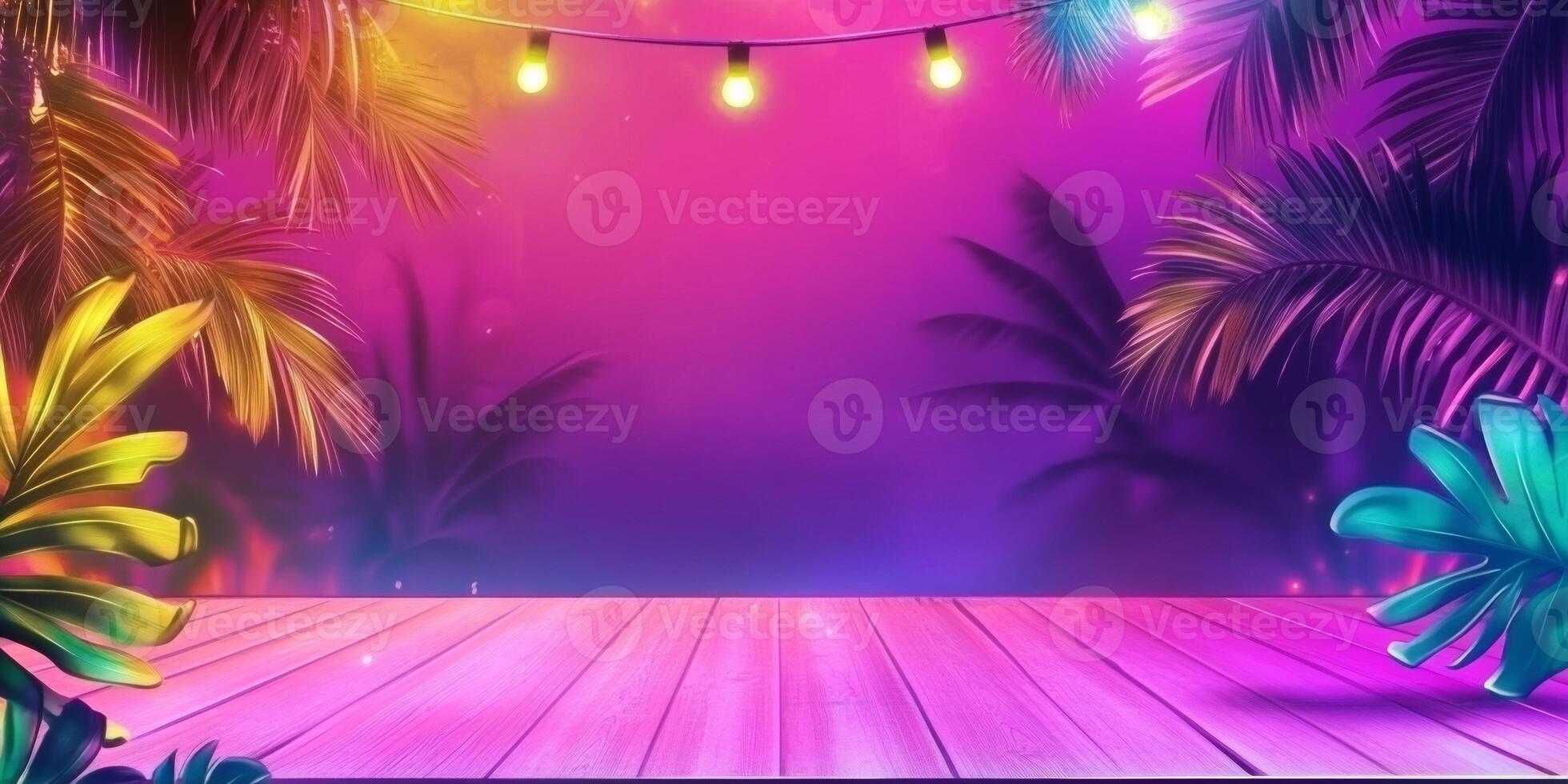 Colorful tropical backdrop with lights and palm leaves creates a lively atmosphere for summer celebrations and events photo