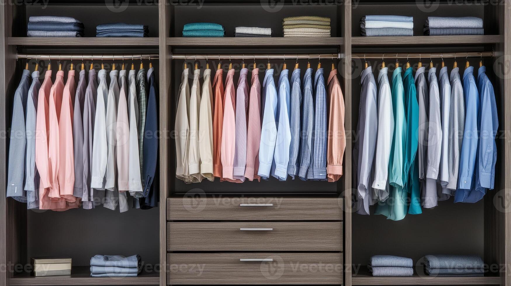 Neatly organized clothing in a modern wardrobe with shirts and folded items in a stylish setting photo