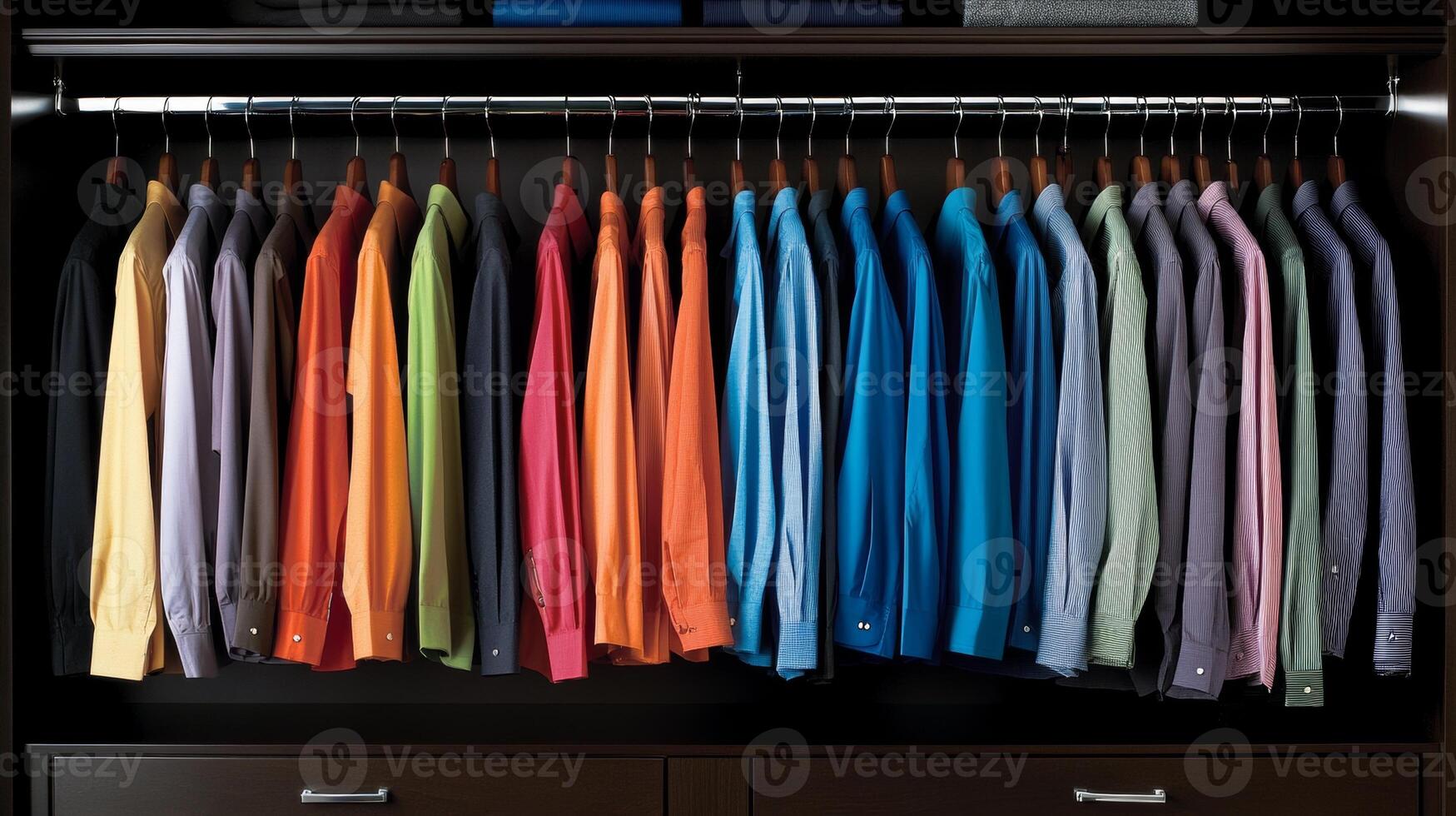 Neatly arranged collection of colorful dress shirts in a modern closet space showcasing vibrant fabric options photo