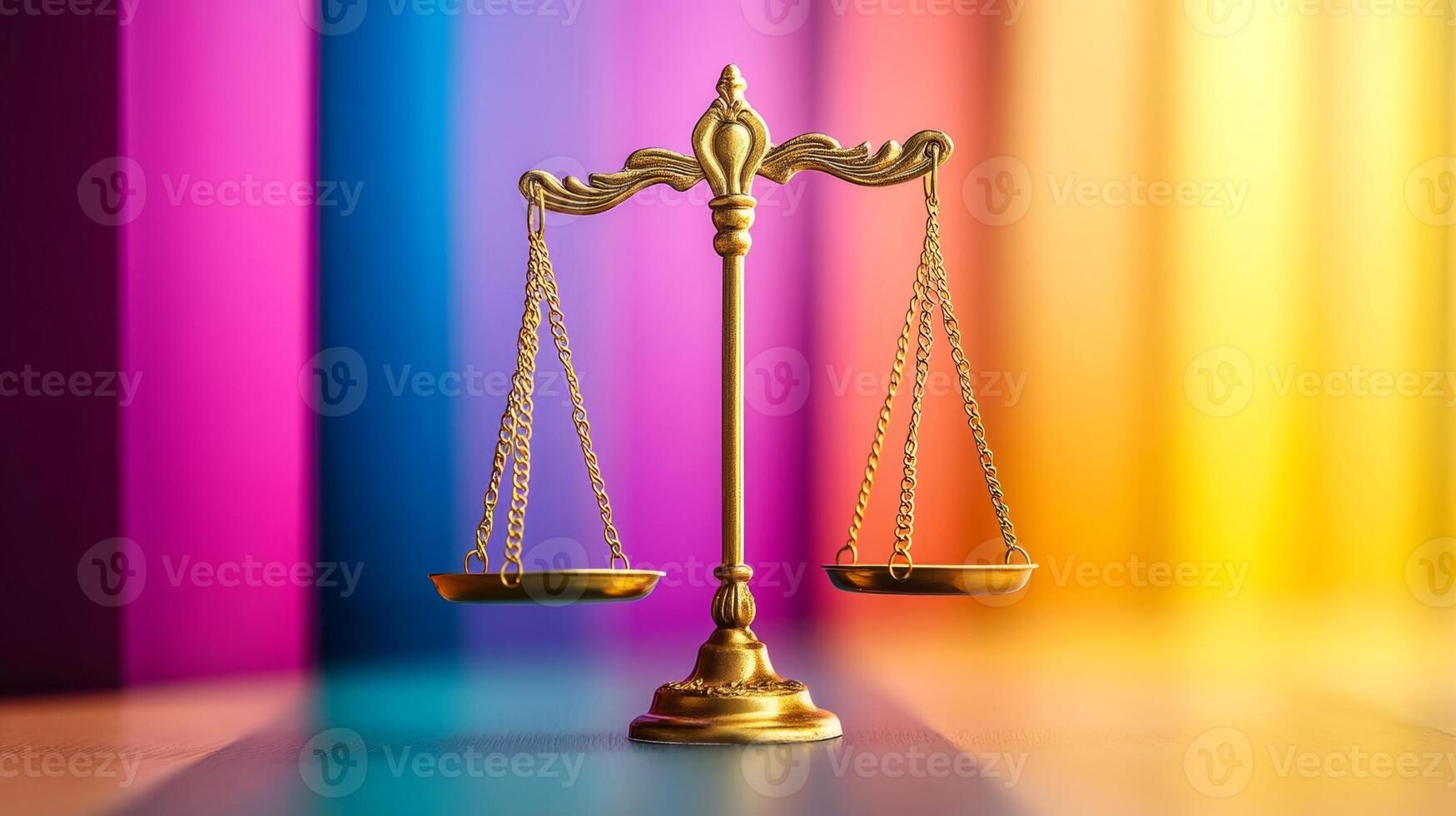 Symbol of justice balanced delicately against a vibrant backdrop of colors in a serene and thought-provoking arrangement photo