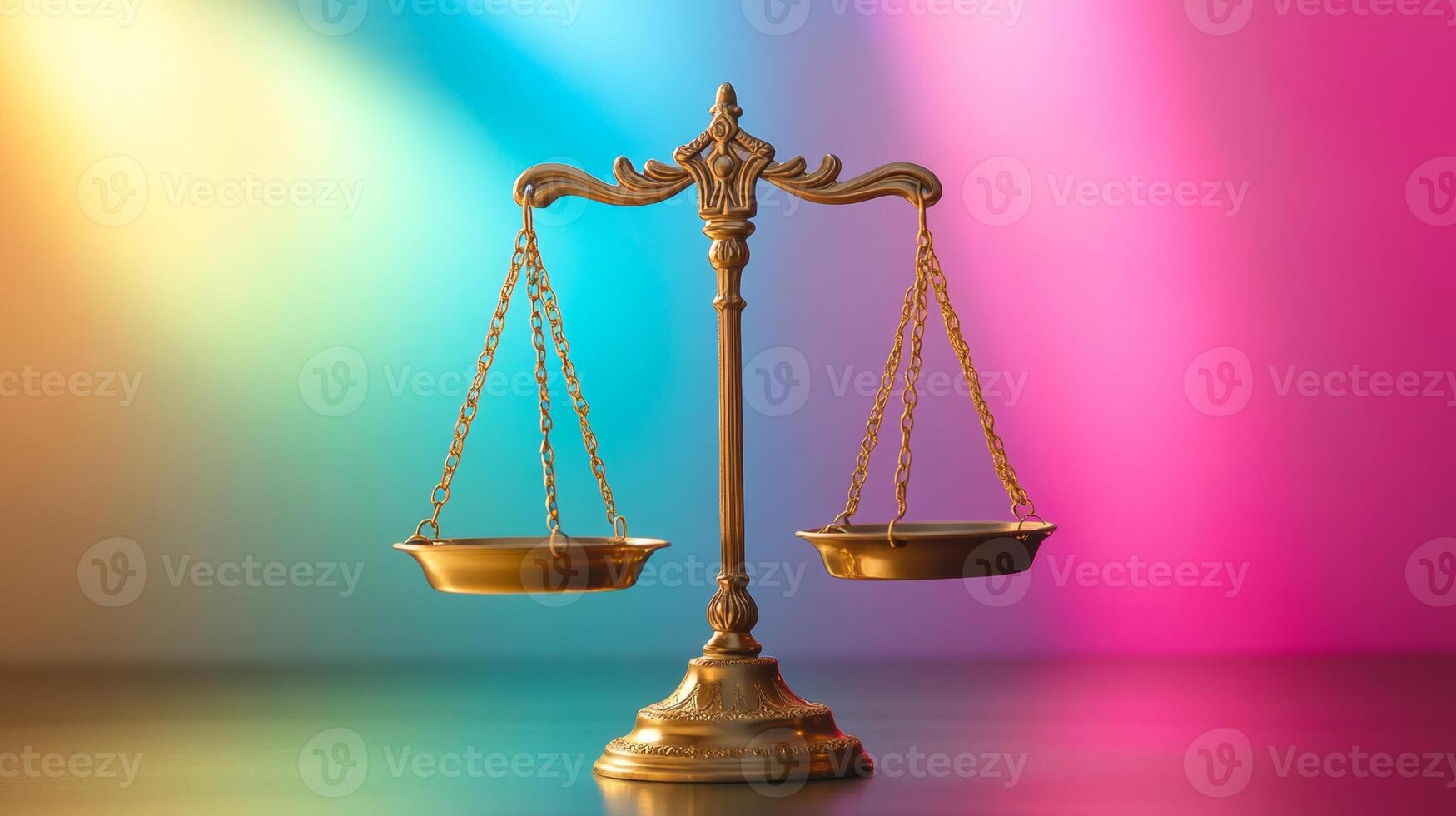 Golden scales of justice illuminate vibrant colors while balancing truth and fairness in a serene setting photo