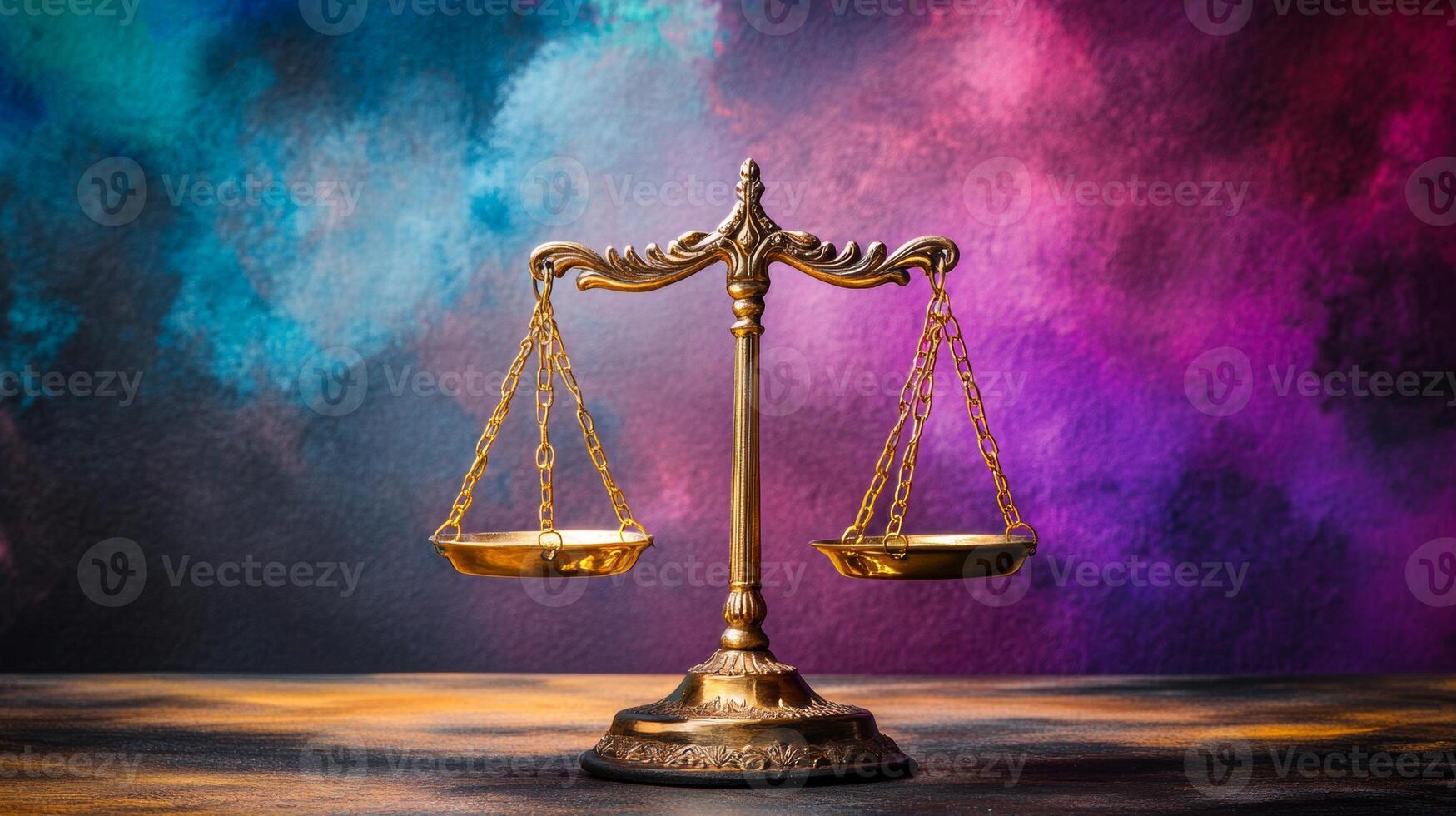 Symbol of justice balancing on a colorful background evokes thoughts on fairness and equity in society photo