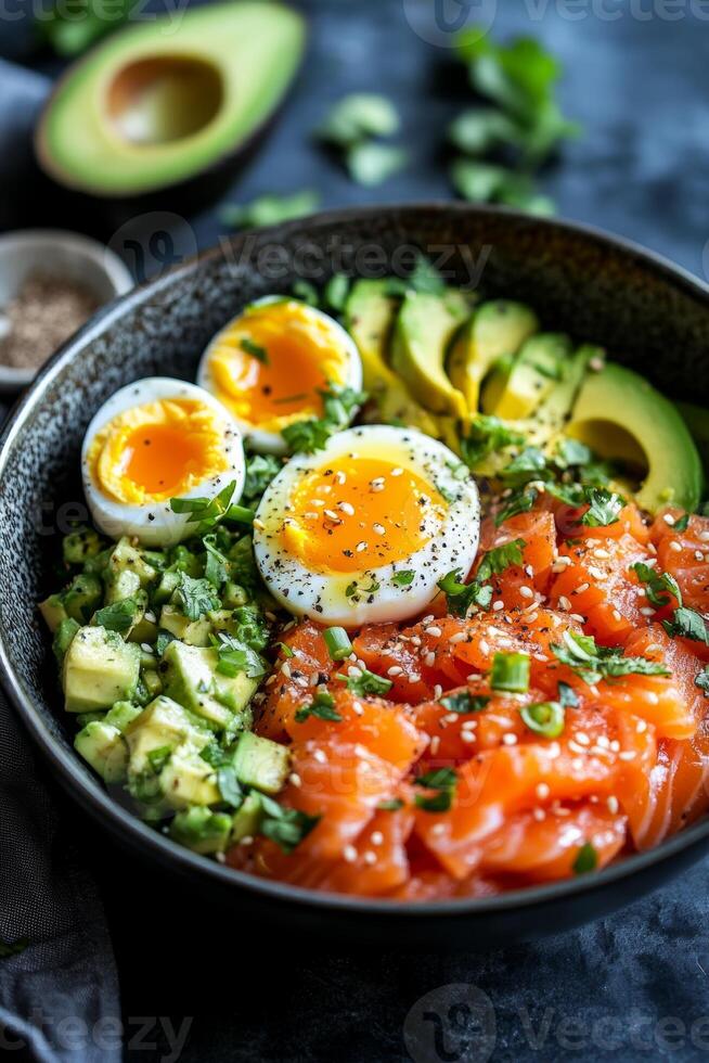 Delicious salmon bowl featuring soft boiled eggs and avocado bursting with color for a nutritious meal photo