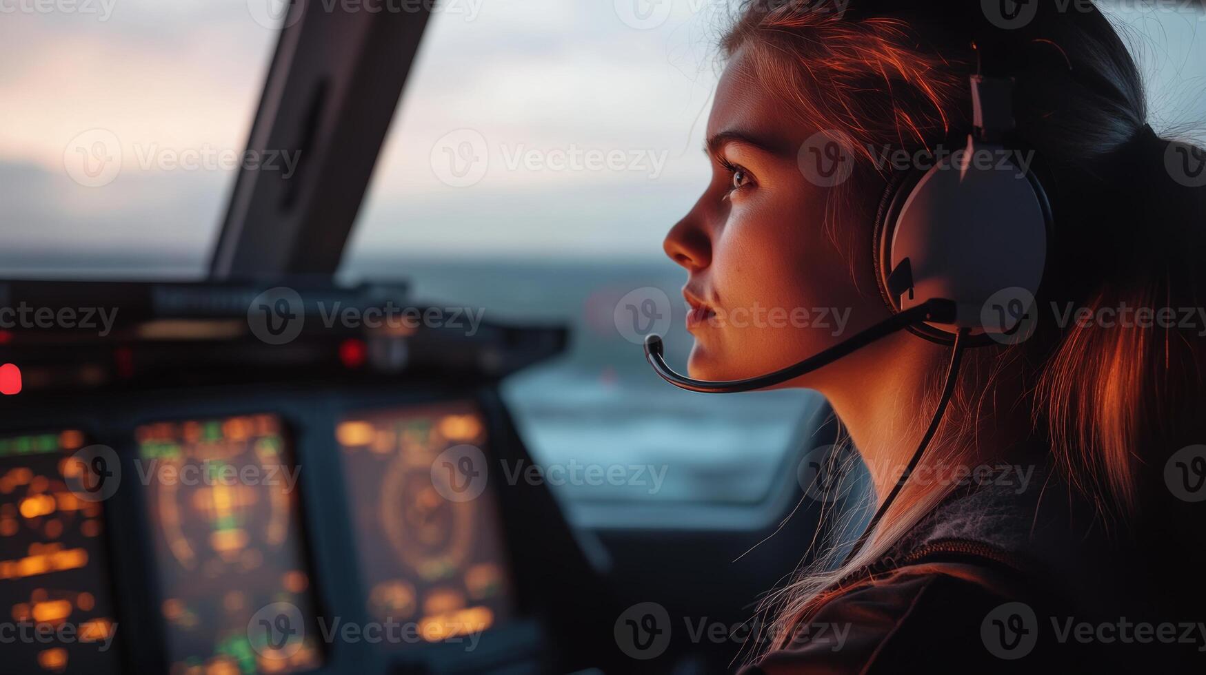 Young female pilot navigates cockpit instruments at sunset, embodying dedication and professionalism in aviation photo