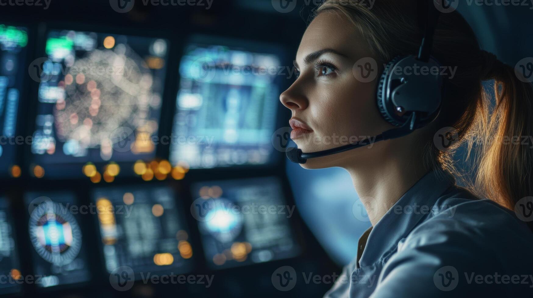 Focused female pilot navigating a high-tech cockpit with precision and skill photo