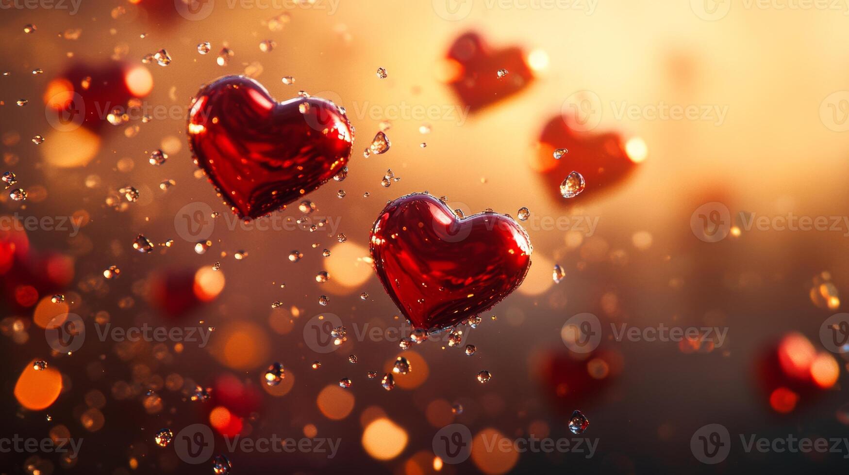 Floating red hearts glimmering with droplets create a dreamy atmosphere celebrating love and affection in a romantic setting photo
