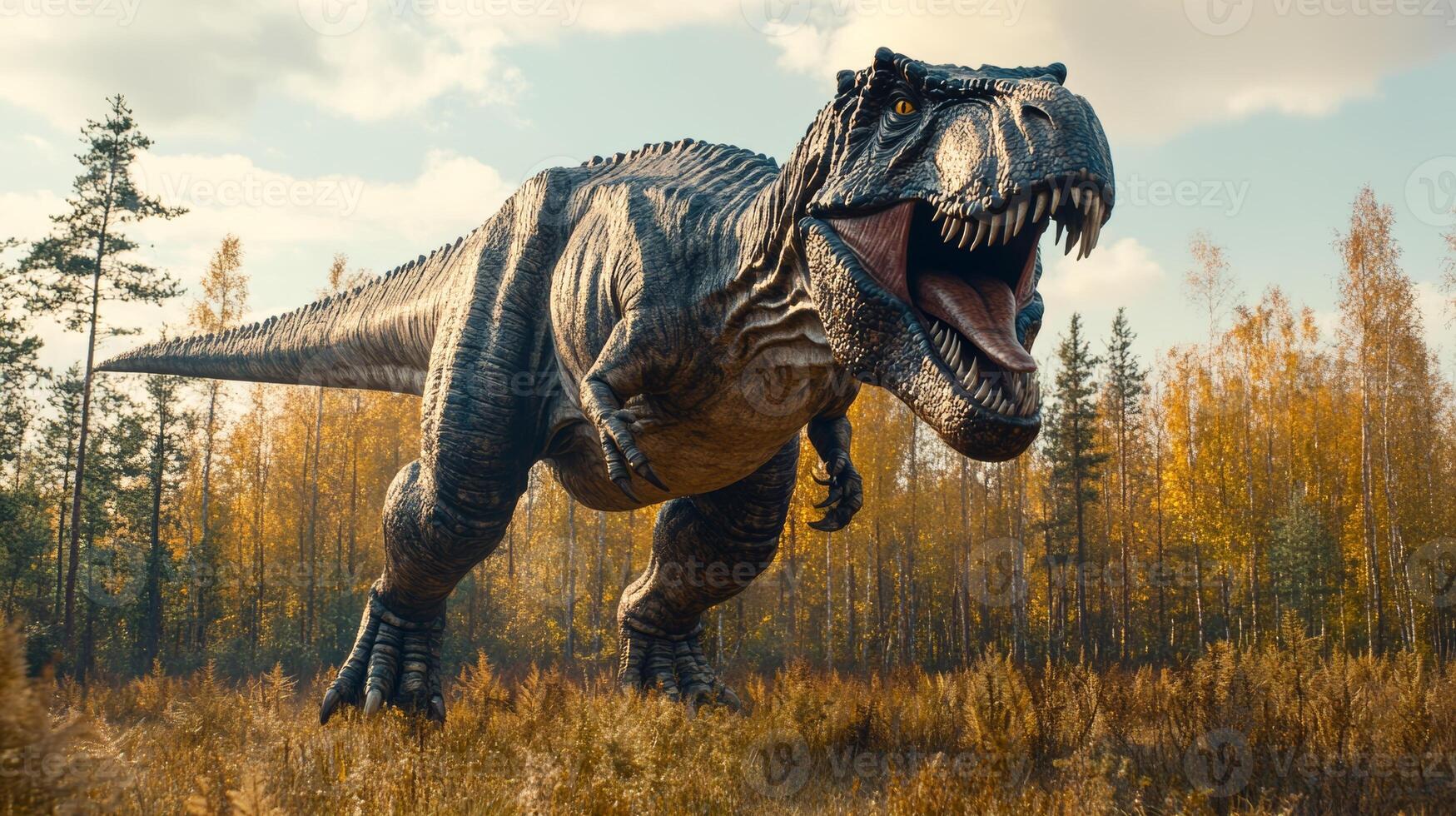 Dinosaur roams through a vibrant forest, showcasing power and majesty in a prehistoric landscape at dusk photo