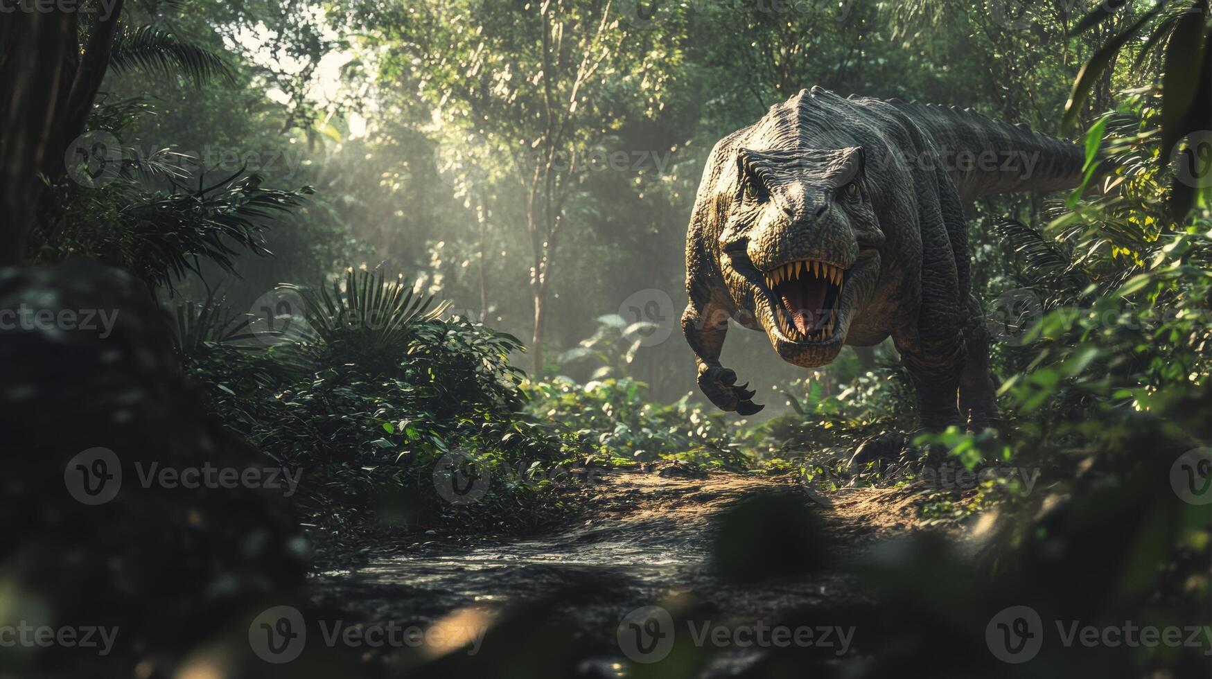 Dinosaur roams through a dense jungle, showcasing vibrant foliage and a mysterious, prehistoric atmosphere at dawn photo