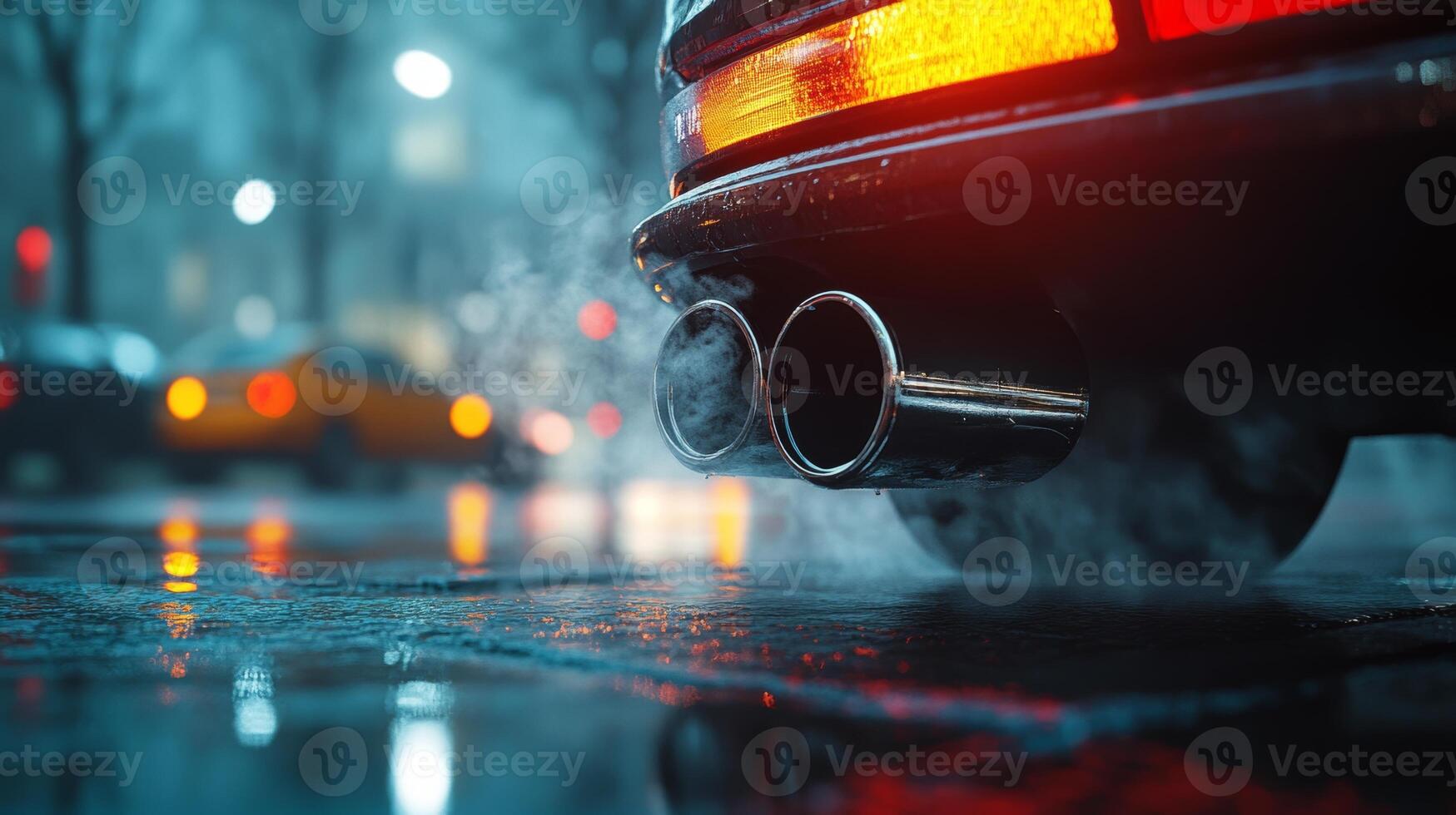 Smoky city streets come alive with a stylish car at night in a vibrant urban setting photo
