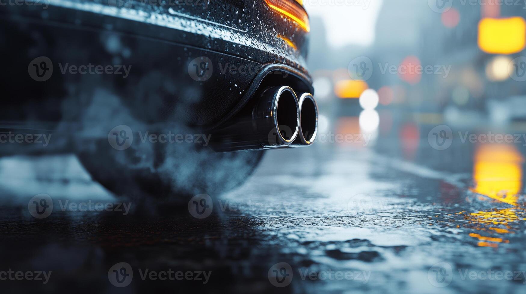 Rain-soaked city street showcases the gleam of a sports car's exhaust in the glow of neon lights at night photo