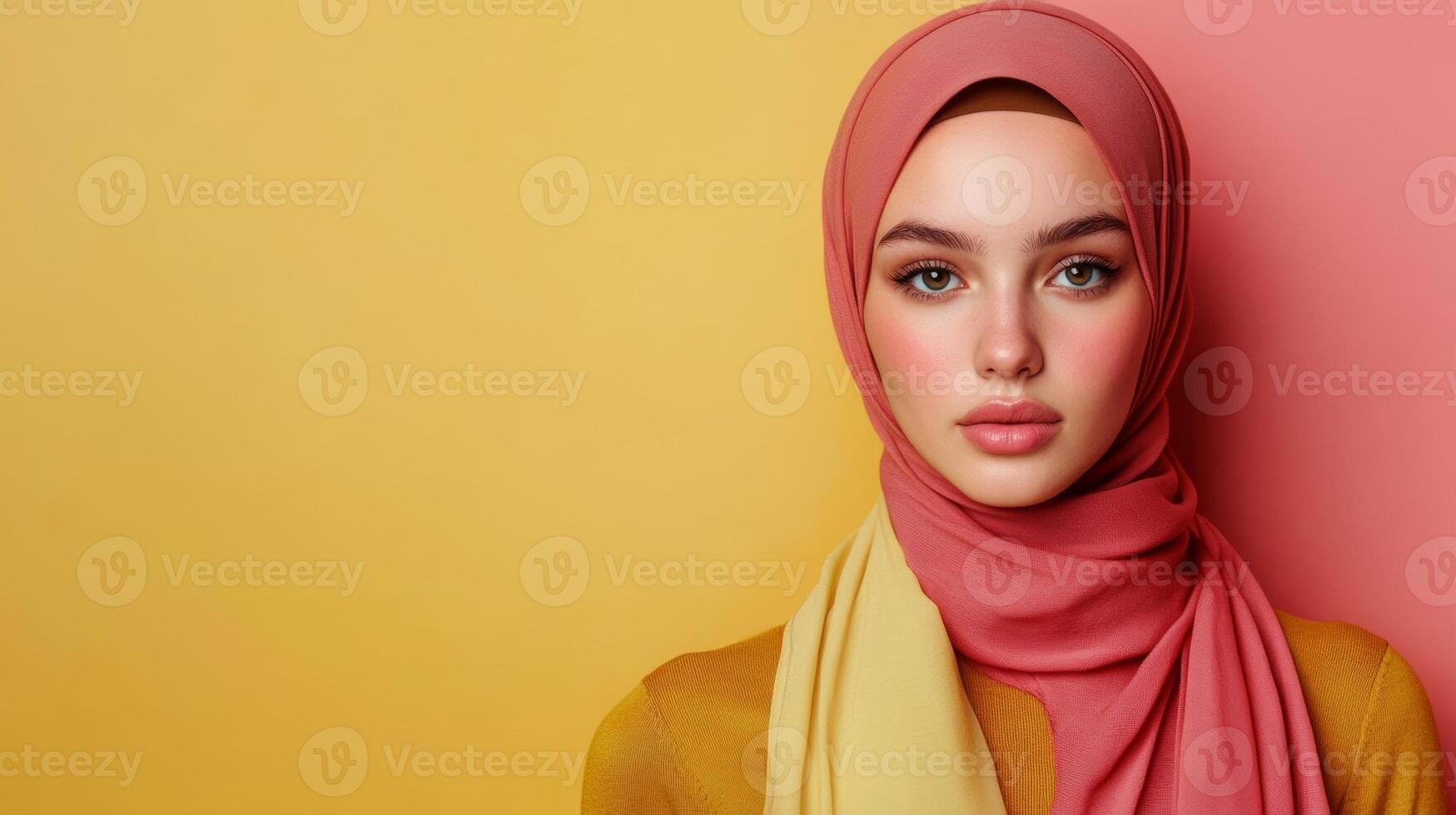 Celebrating beauty and culture with a stunning portrait of a woman in vibrant colors and elegant attire against a bold background photo