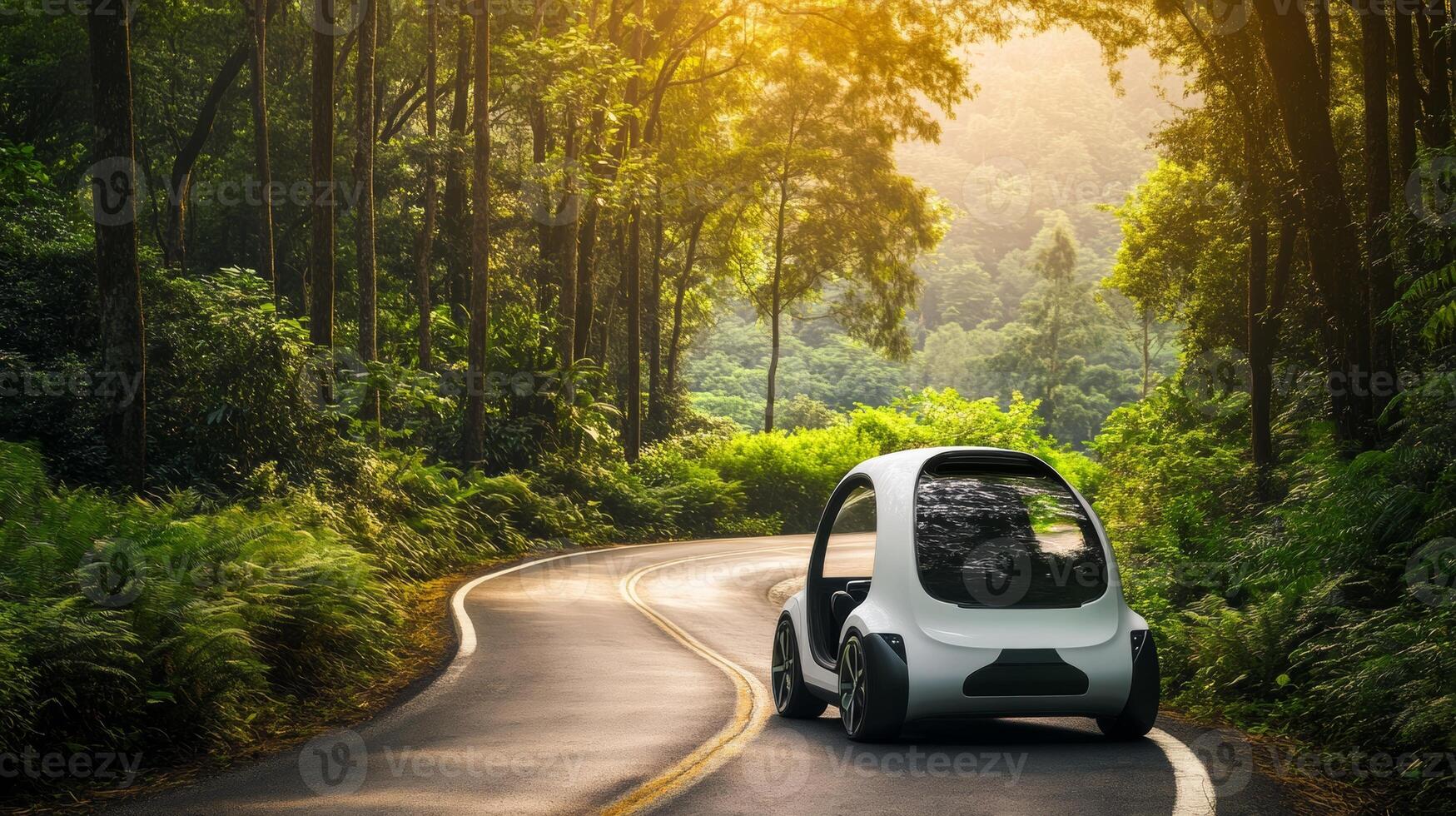 Electric vehicle navigating a forest road during golden hour with lush greenery surrounding photo