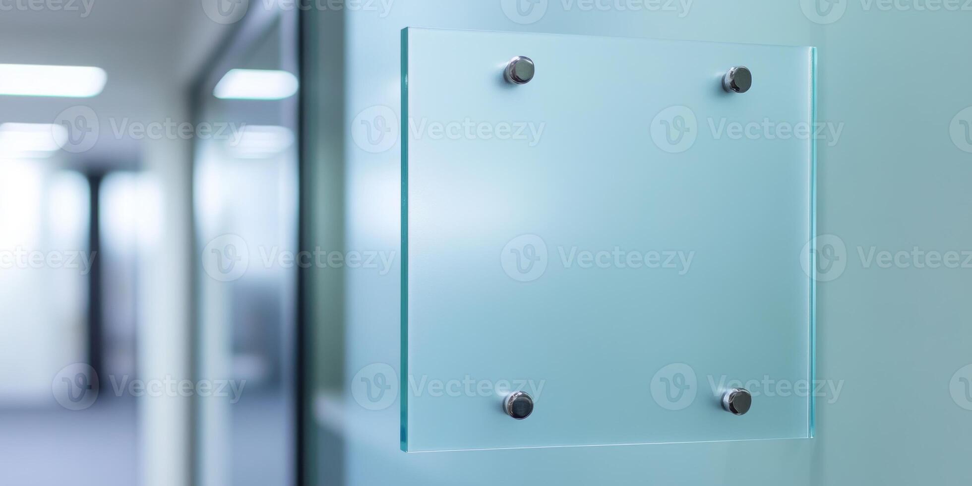 Office door sign made of frosted glass mounted with metal standoffs in a modern workspace during daylight hours photo