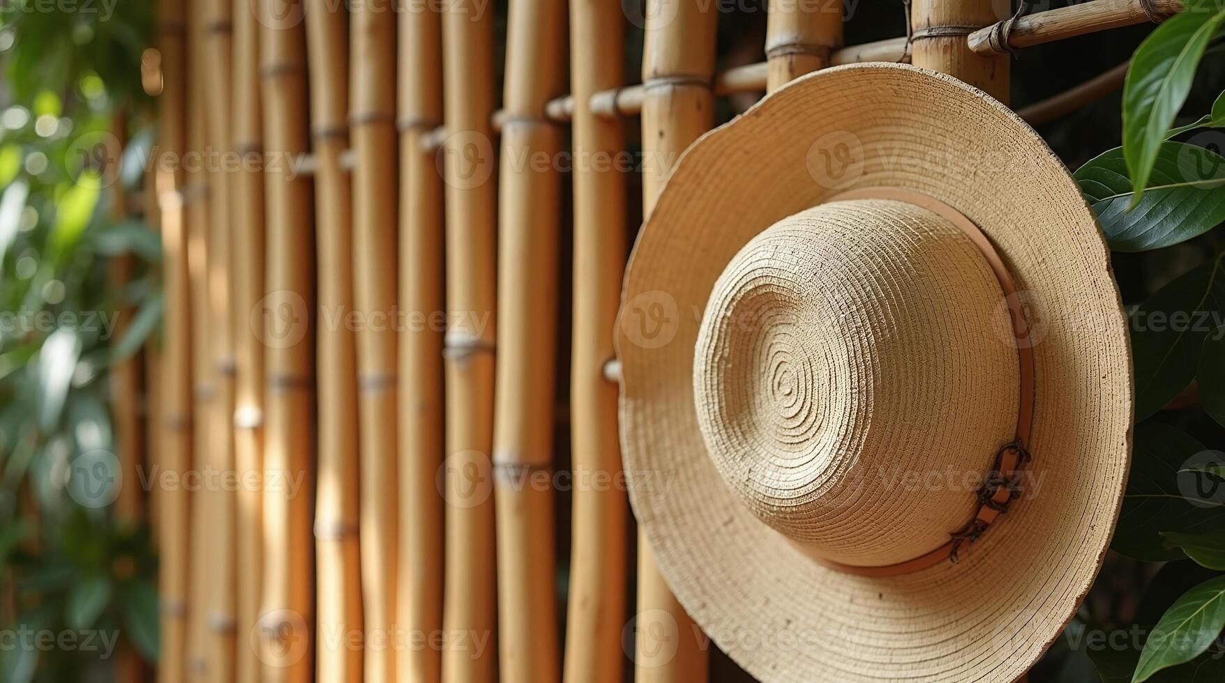 Straw hat hanging on a bamboo fence with green foliage in the background on a sunny day photo