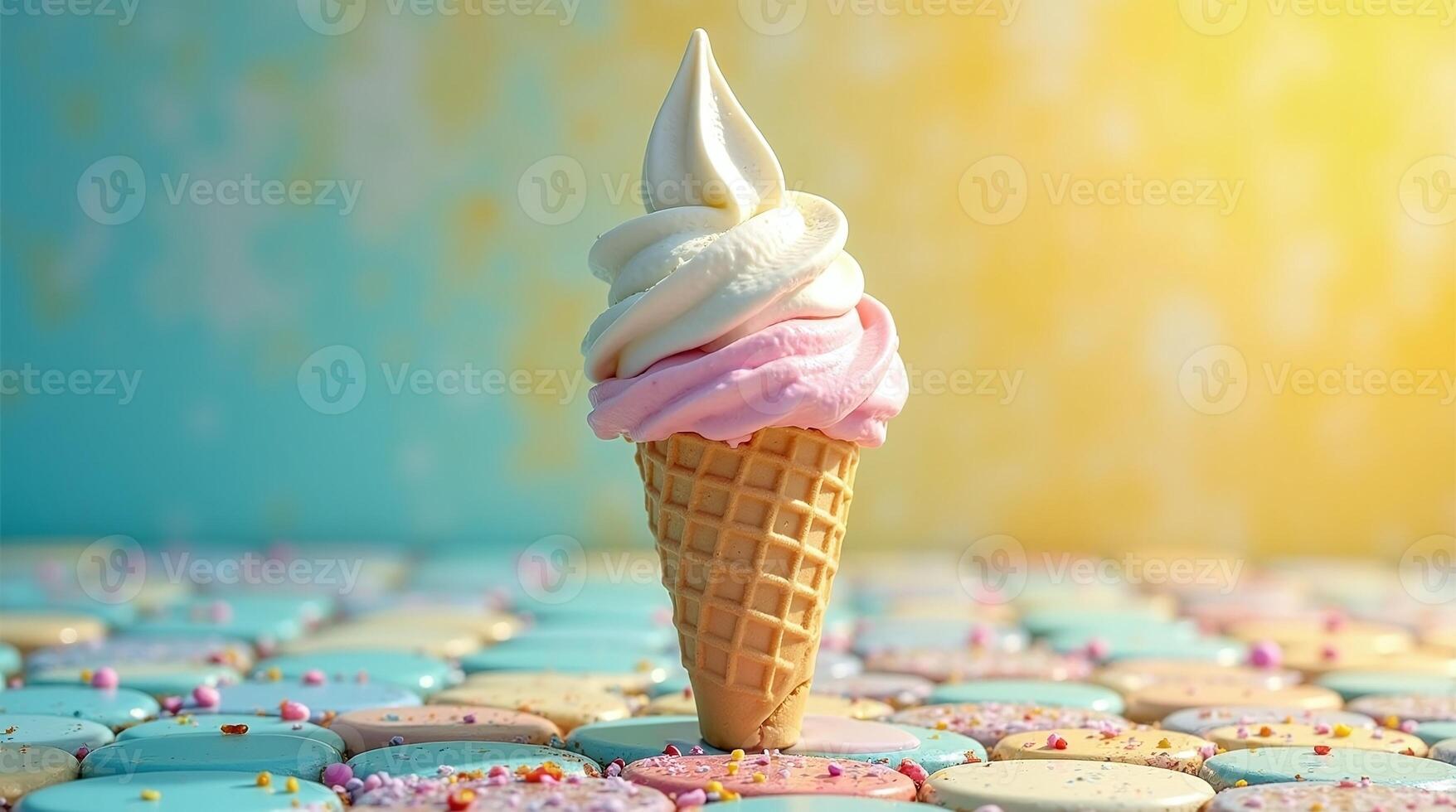 Ice Cream Cone with Vanilla and Strawberry Swirl on a Patterned Surface photo