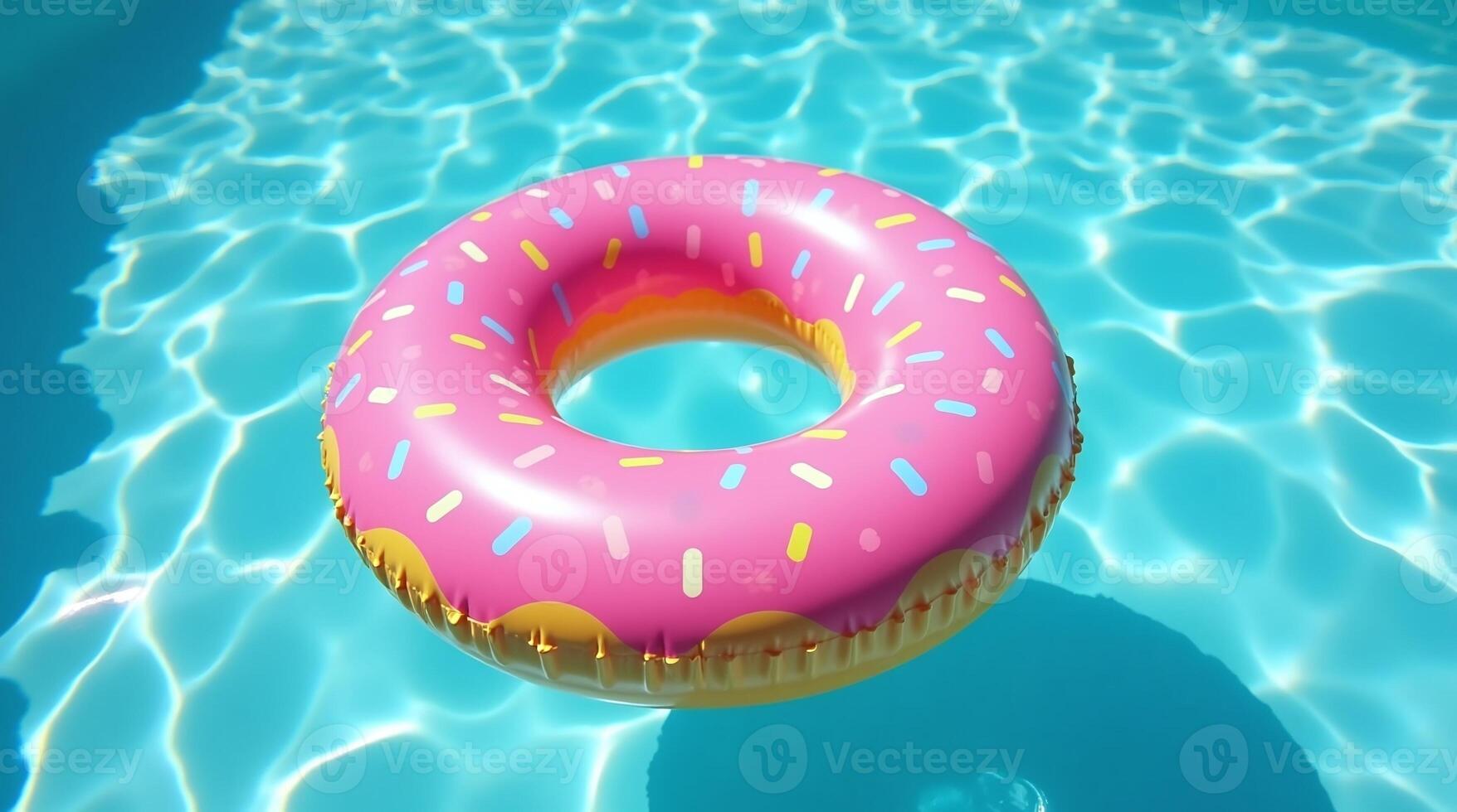 Inflatable Donut Pool Float Relaxing on Sparkling Blue Swimming Pool Water Surface photo