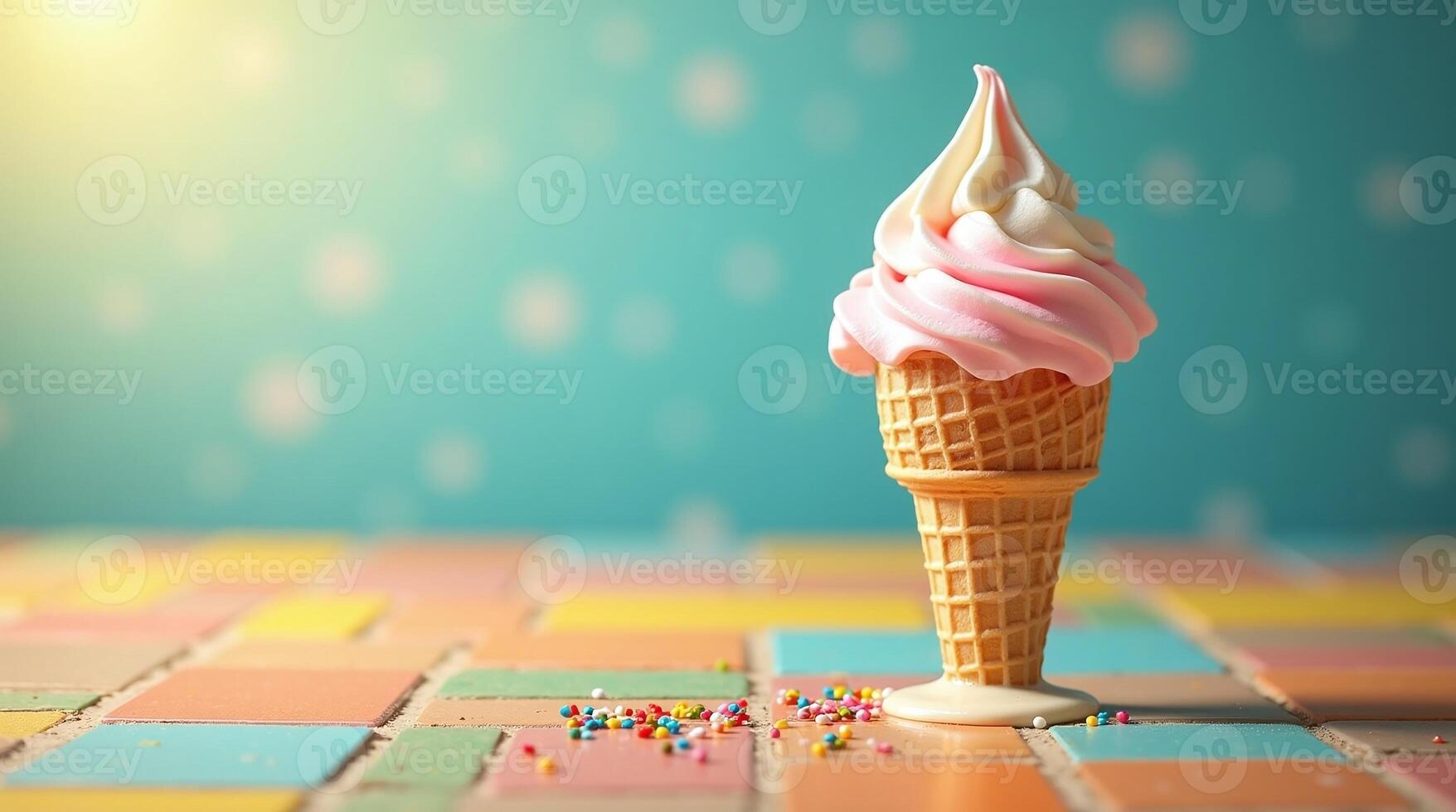 Ice cream cone with pink and white soft serve on colorful tile photo