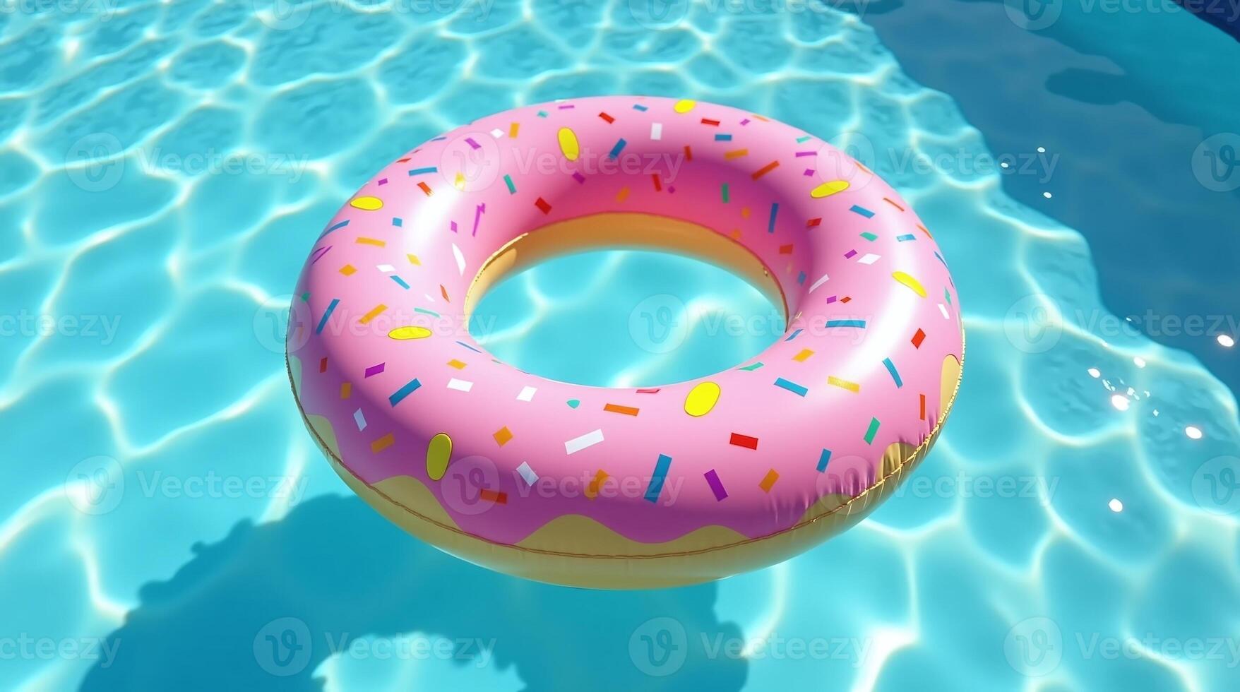 Inflatable Pink Donut Pool Float Floating on the Surface of a Blue Swimming Pool photo