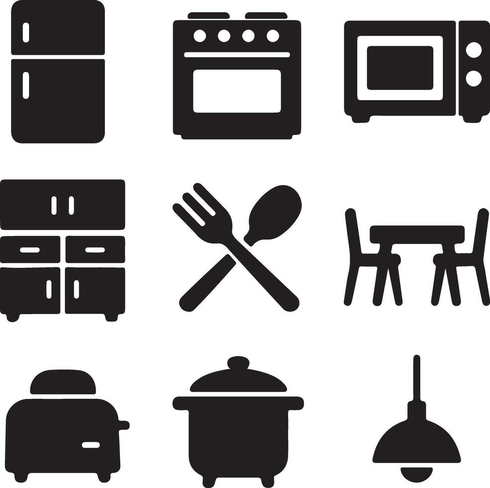 Kitchen and Dining Icon Collection in Monochrome Grid Format vector