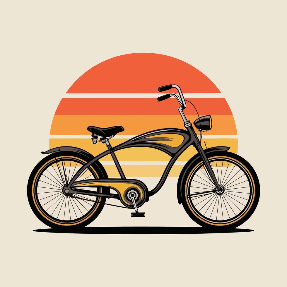 Retro lowrider bicycle in yellow with sunset background vector