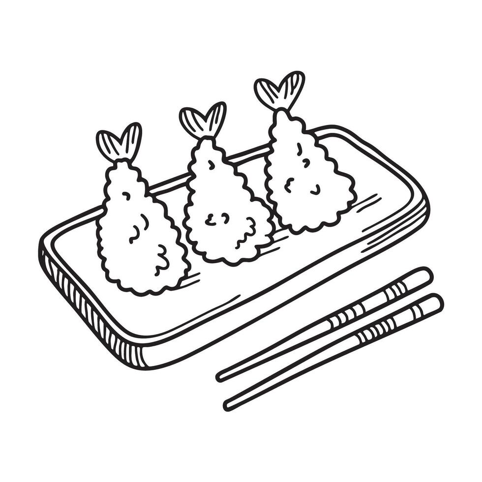 Tempura piece beside chopsticks on a wooden tray vector