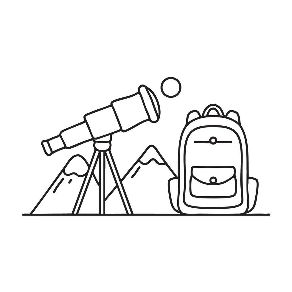 A telescope beside a backpack on a mountain top vector