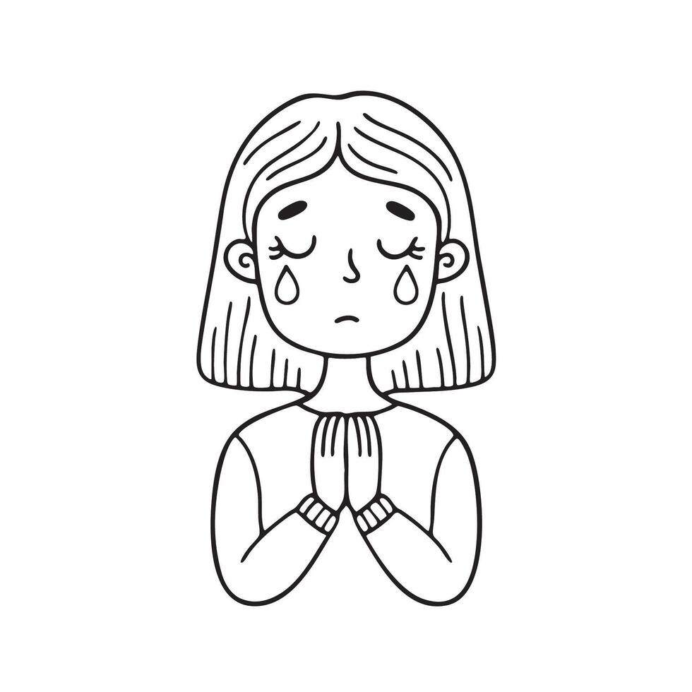 Tears from girl with clasped hands vector