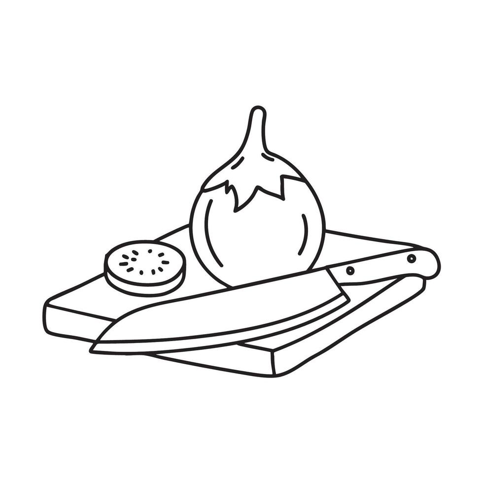 A Thai eggplant rolling near a chopping knife on the table vector