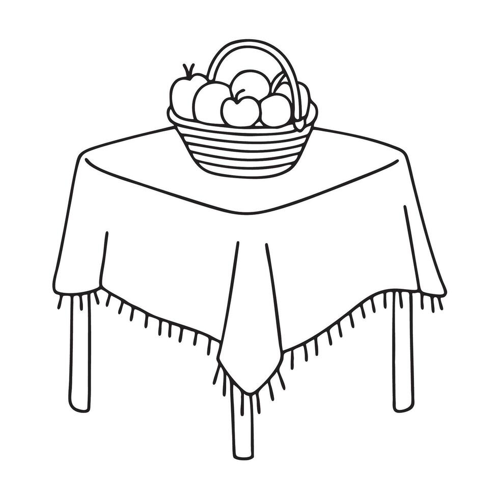 A tablecloth with fruit basket on top table in a kitchen corner vector