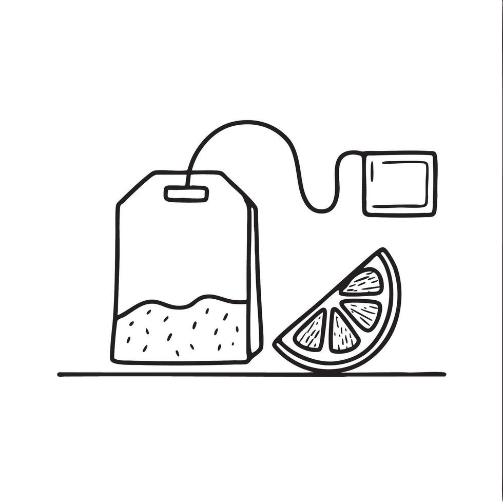 A tea bag beside a lemon slice on top table vector