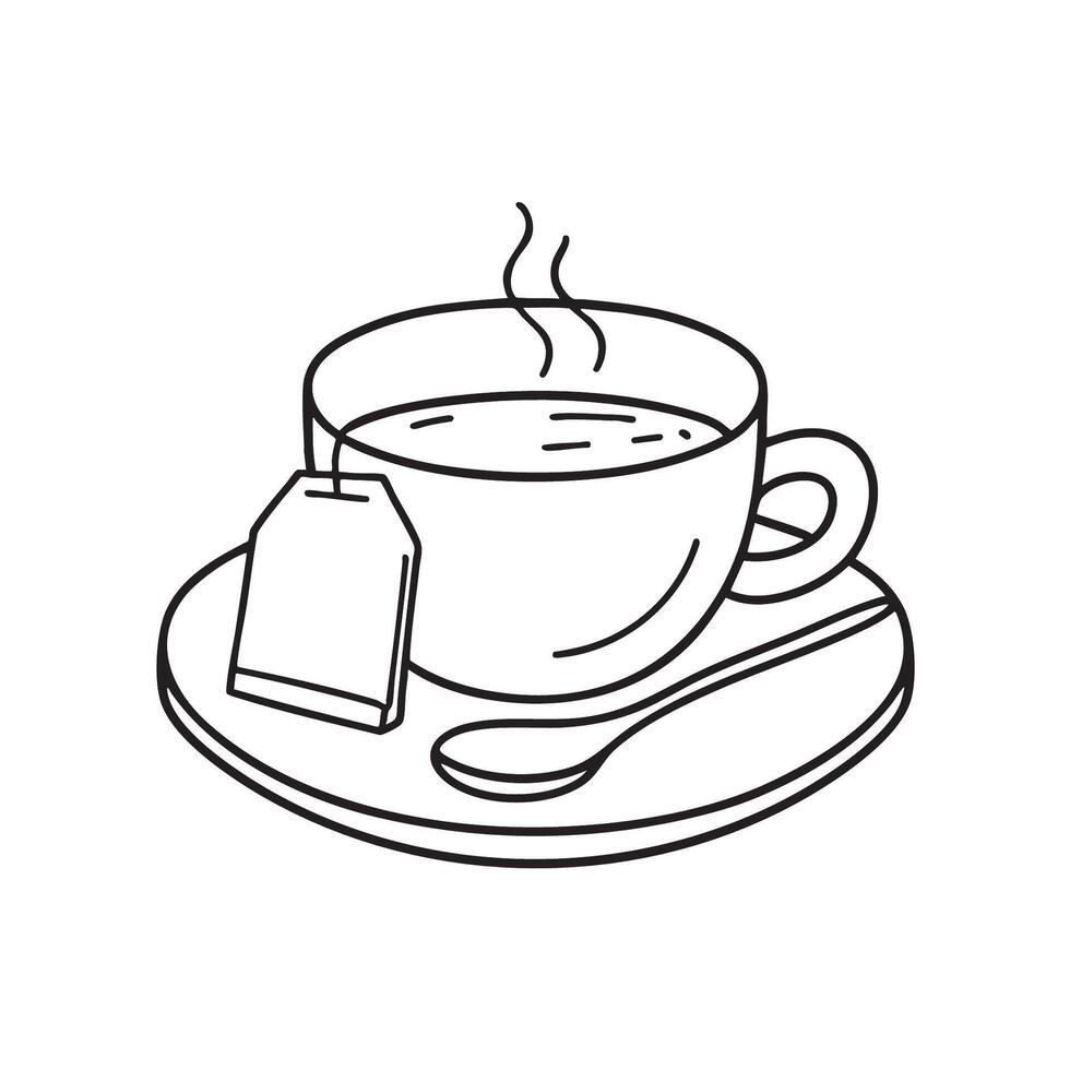 A tea bag resting beside a teaspoon on a saucer vector